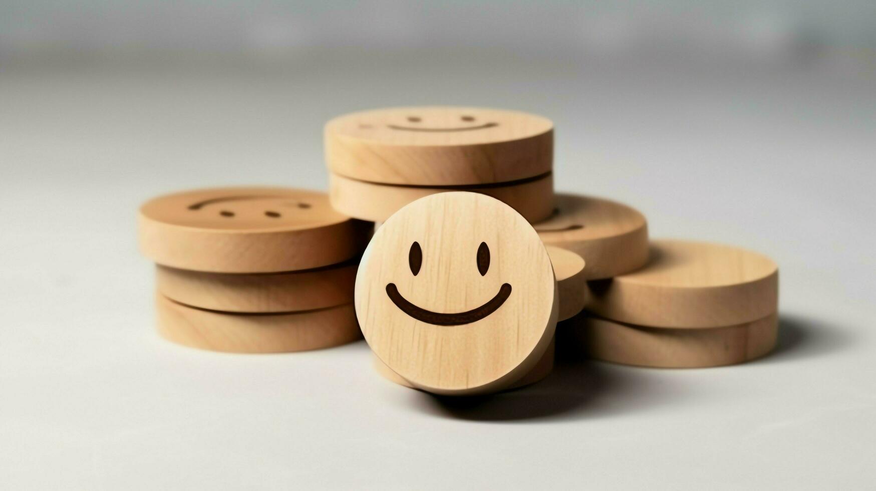 A wooden block label with happy smile relax face good feedback customer. World mental health day concept by AI Generated photo