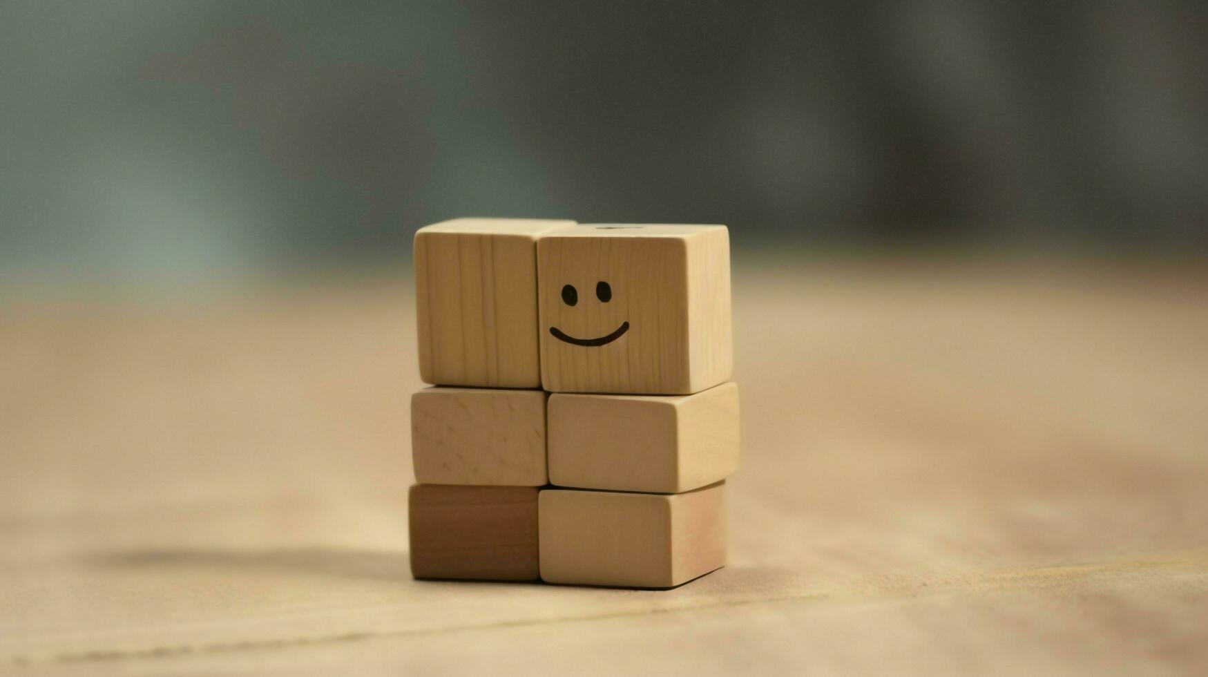 A wooden block label with happy smile relax face good feedback customer. World mental health day concept by AI Generated photo