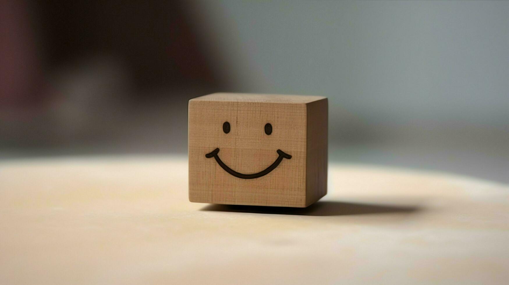 A wooden block label with happy smile relax face good feedback customer. World mental health day concept by AI Generated photo