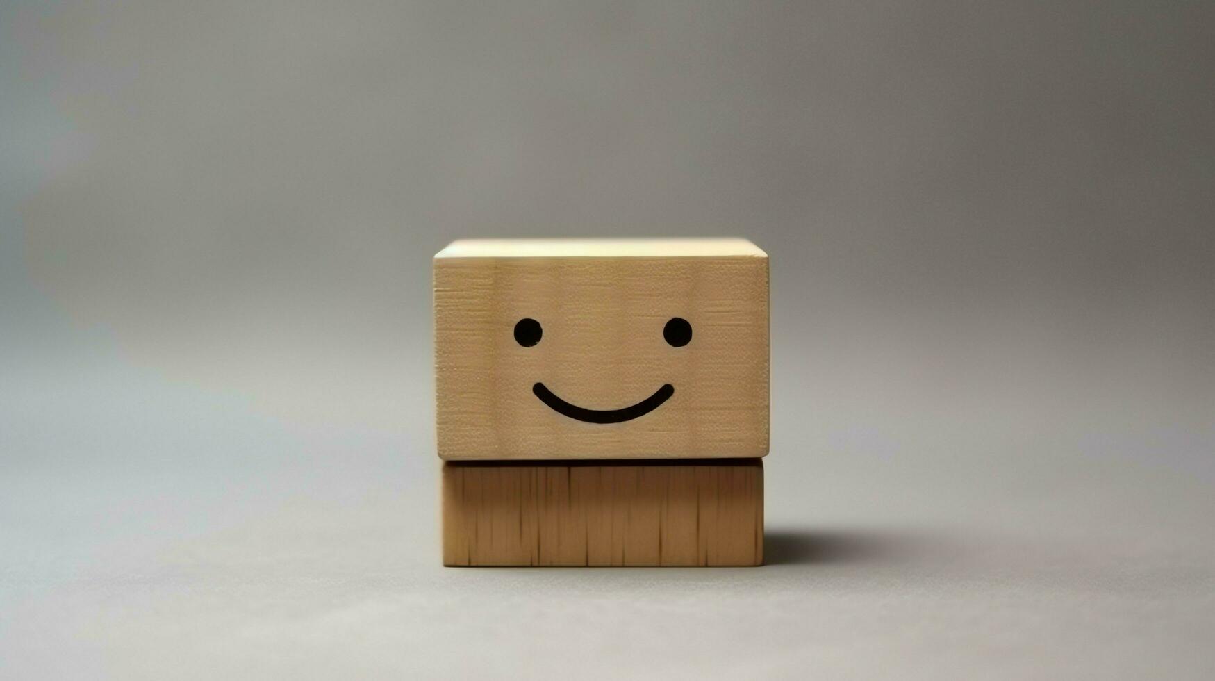 A wooden block label with happy smile relax face good feedback customer. World mental health day concept by AI Generated photo