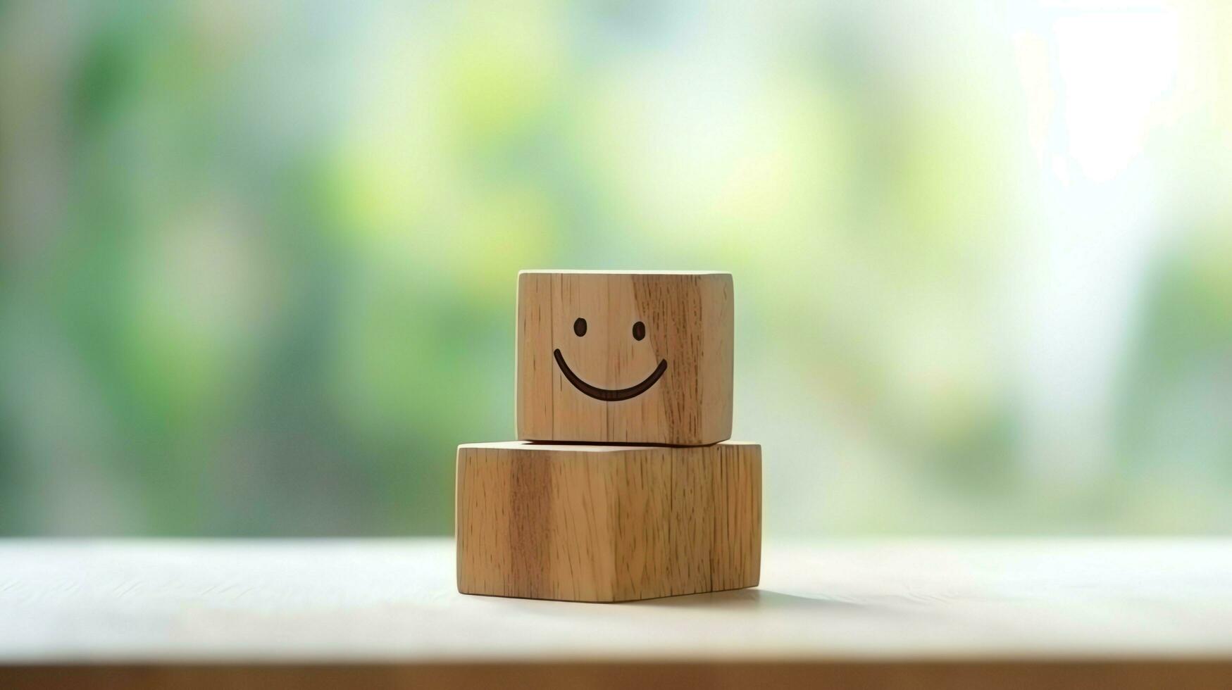 A wooden block label with happy smile relax face good feedback customer. World mental health day concept by AI Generated photo