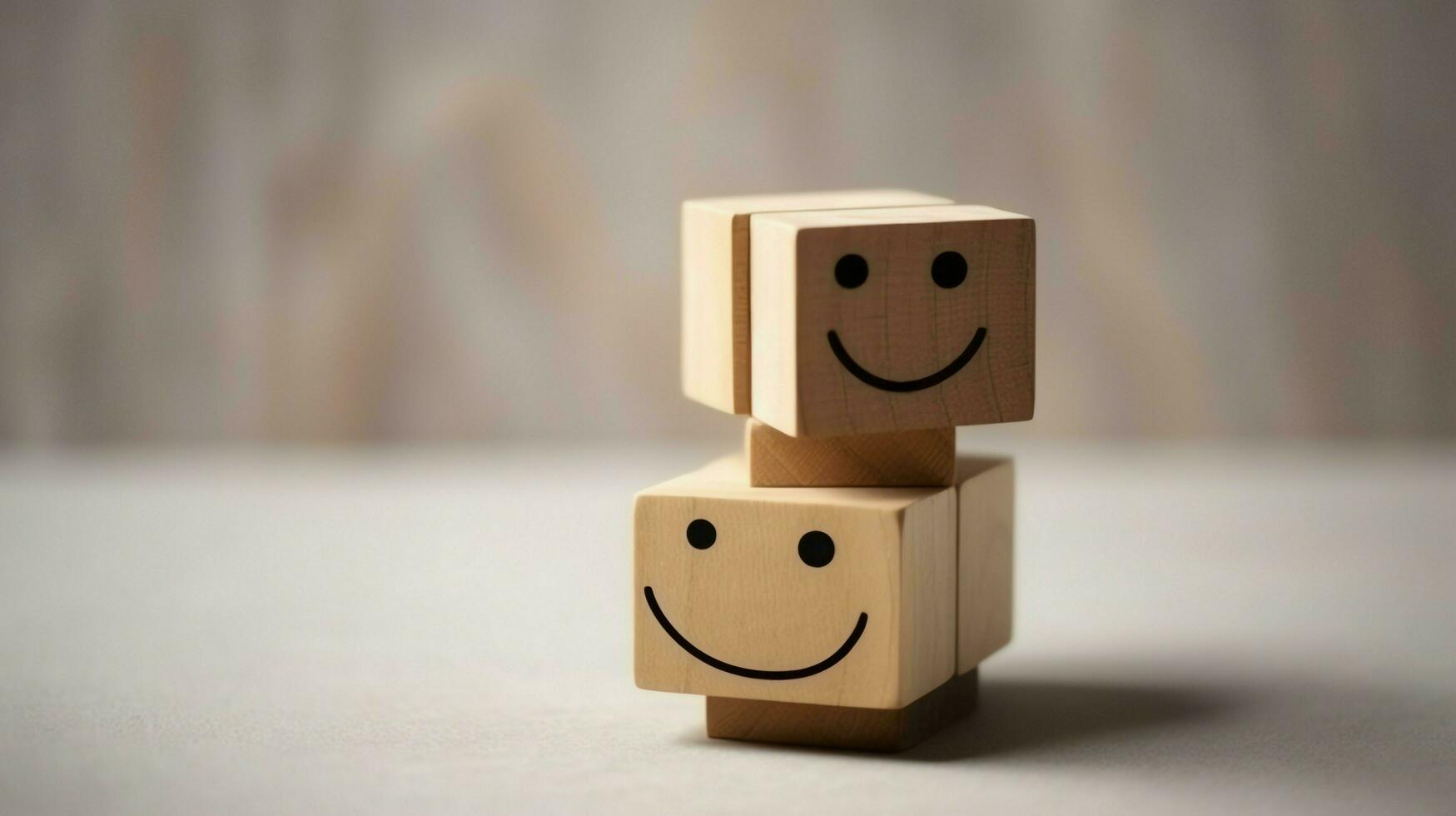 A wooden block label with happy smile relax face good feedback customer. World mental health day concept by AI Generated photo