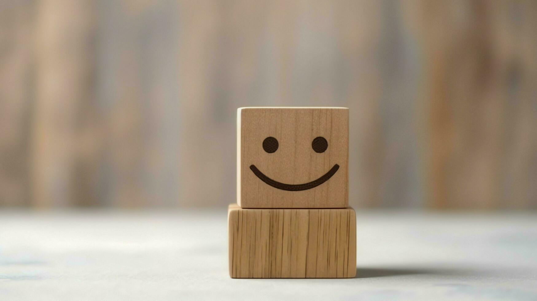 A wooden block label with happy smile relax face good feedback customer. World mental health day concept by AI Generated photo