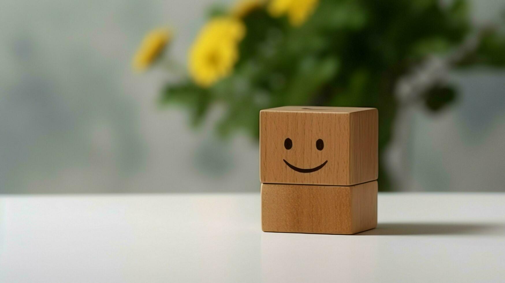 un de madera bloquear etiqueta con contento sonrisa relajarse cara bueno realimentación cliente. mundo mental salud día concepto por ai generado foto