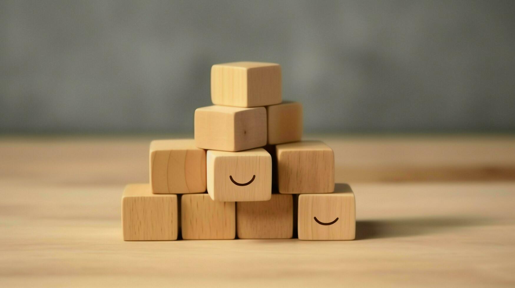 A wooden block label with happy smile relax face good feedback customer. World mental health day concept by AI Generated photo