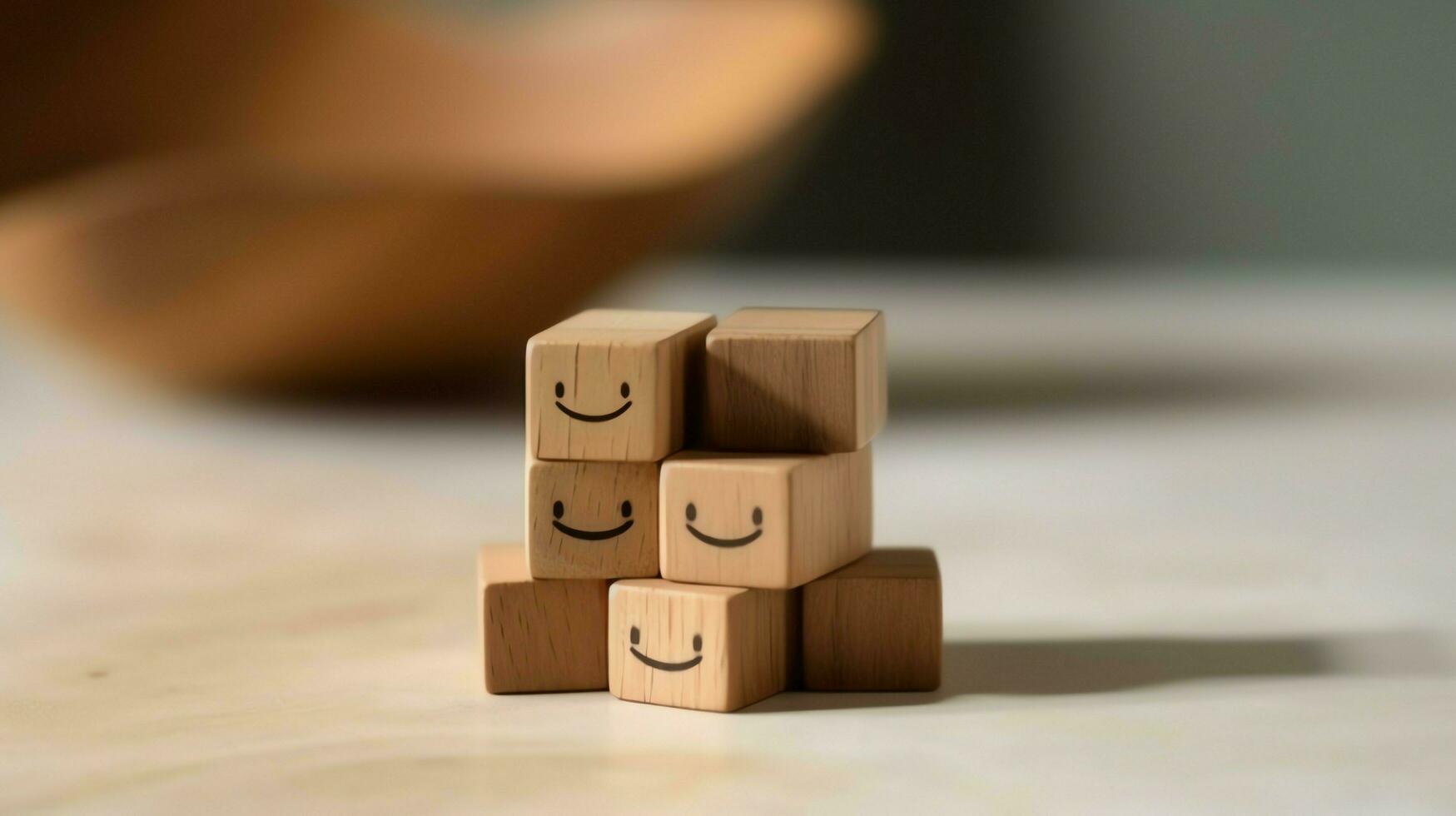 A wooden block label with happy smile relax face good feedback customer. World mental health day concept by AI Generated photo