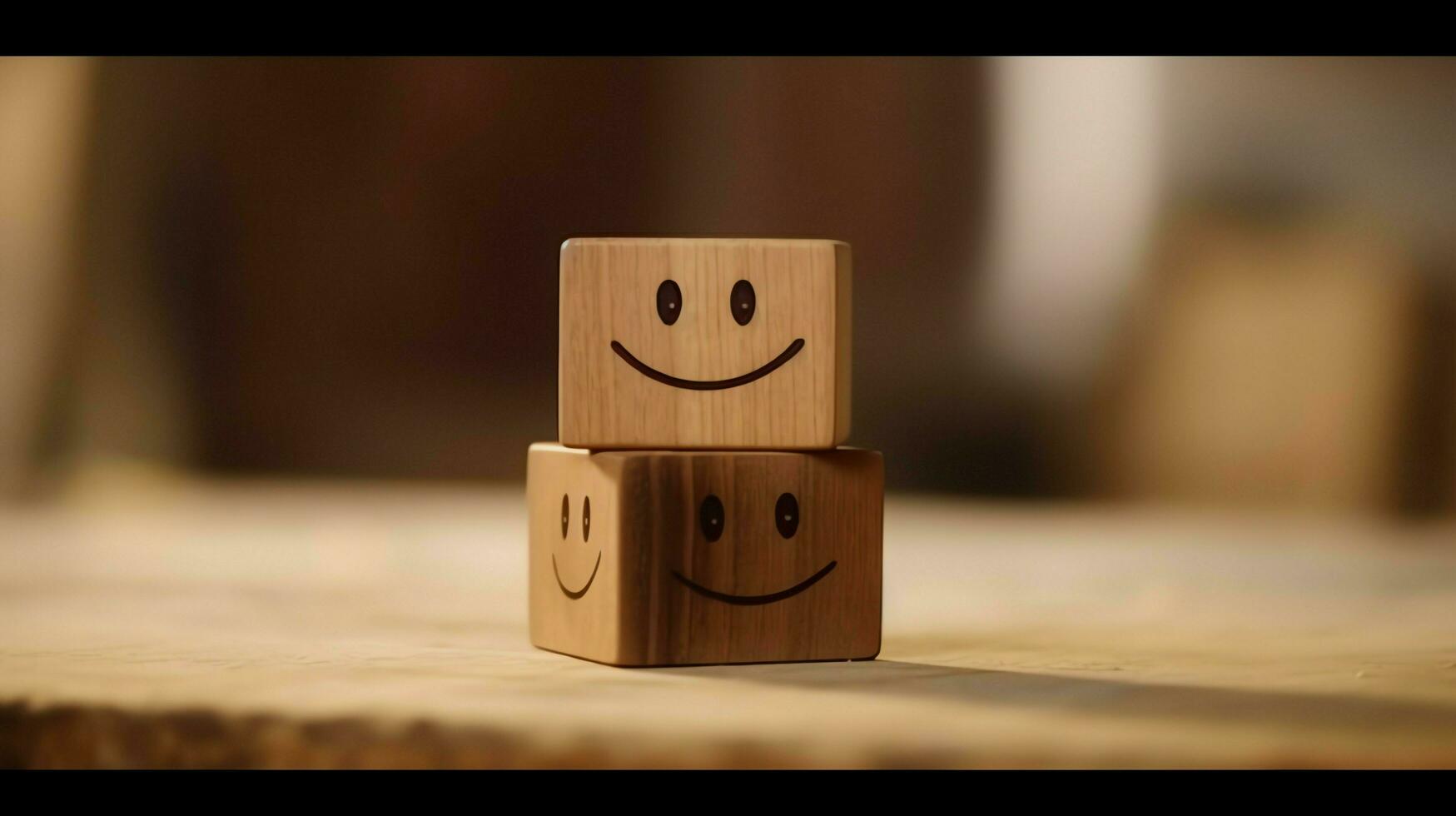 A wooden block label with happy smile relax face good feedback customer. World mental health day concept by AI Generated photo