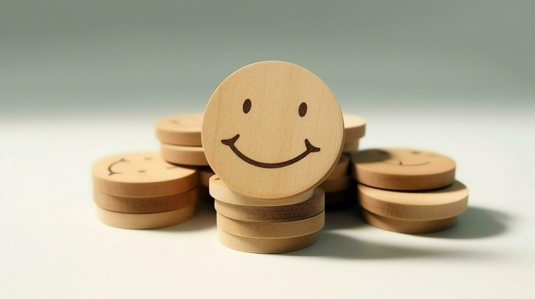 A wooden block label with happy smile relax face good feedback customer. World mental health day concept by AI Generated photo