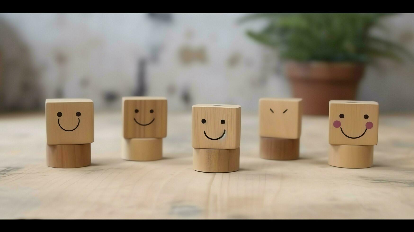 A wooden block label with happy smile relax face good feedback customer. World mental health day concept by AI Generated photo
