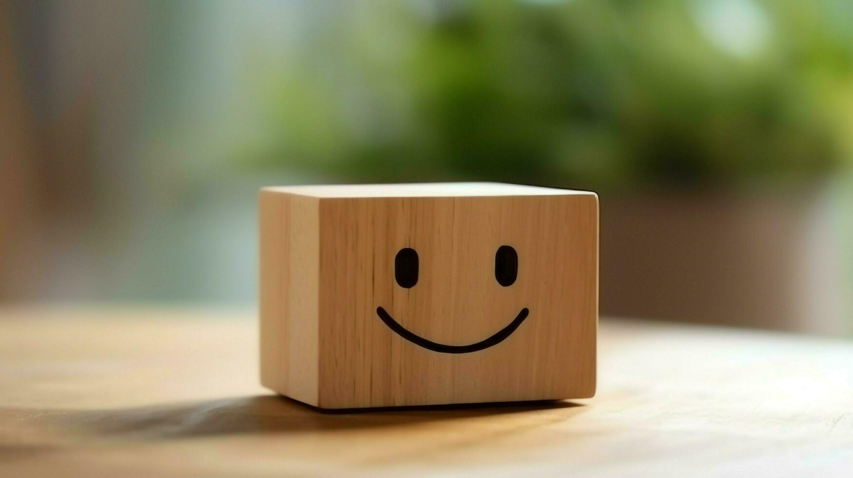 A wooden block label with happy smile relax face good feedback customer. World mental health day concept by AI Generated photo