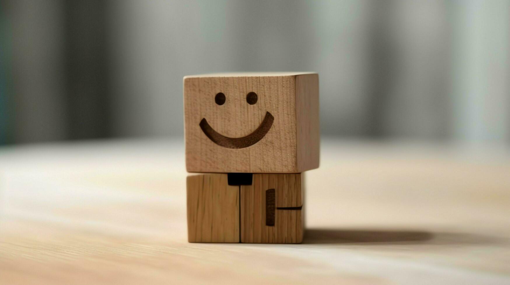 A wooden block label with happy smile relax face good feedback customer. World mental health day concept by AI Generated photo