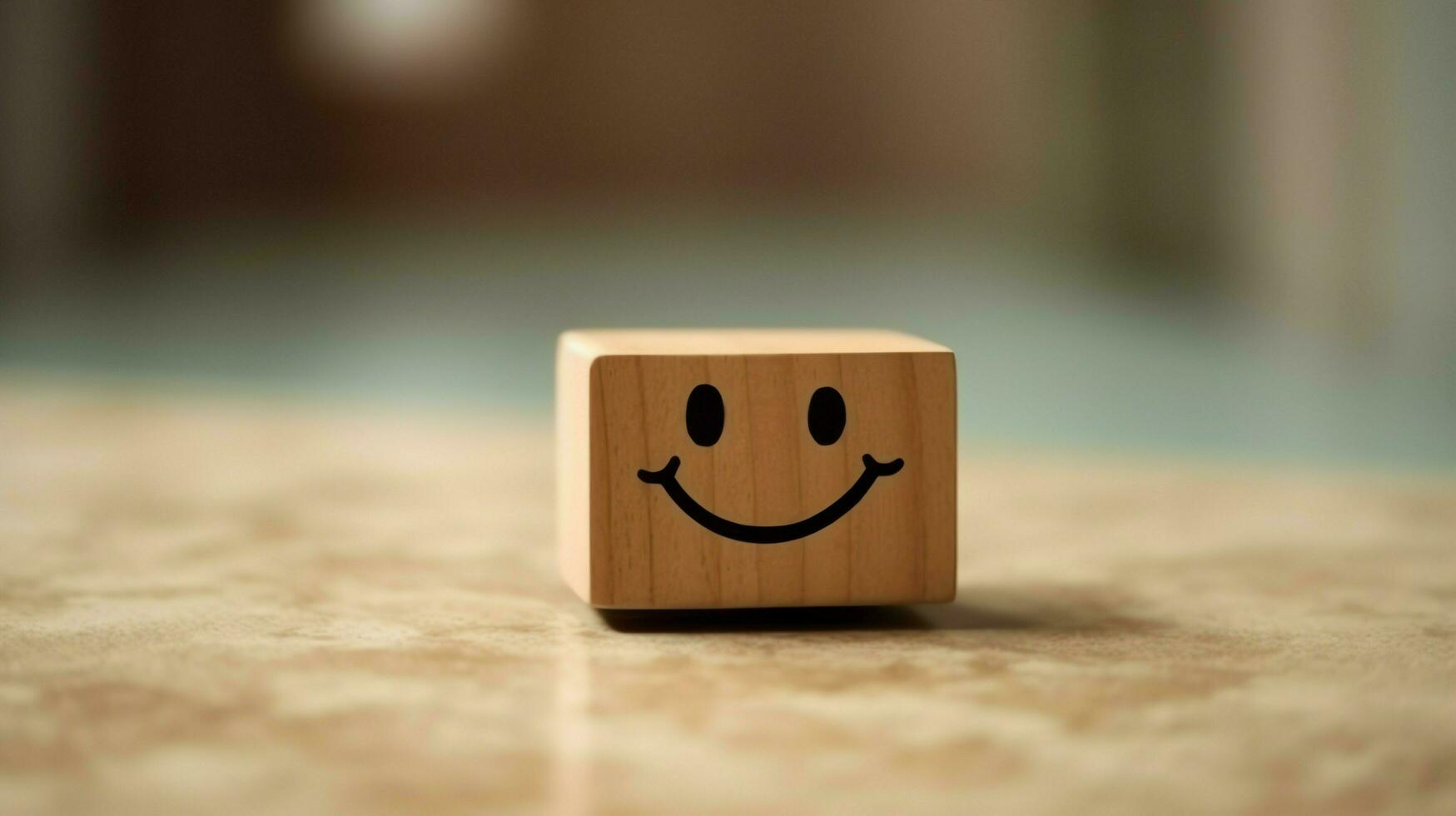 A wooden block label with happy smile relax face good feedback customer. World mental health day concept by AI Generated photo