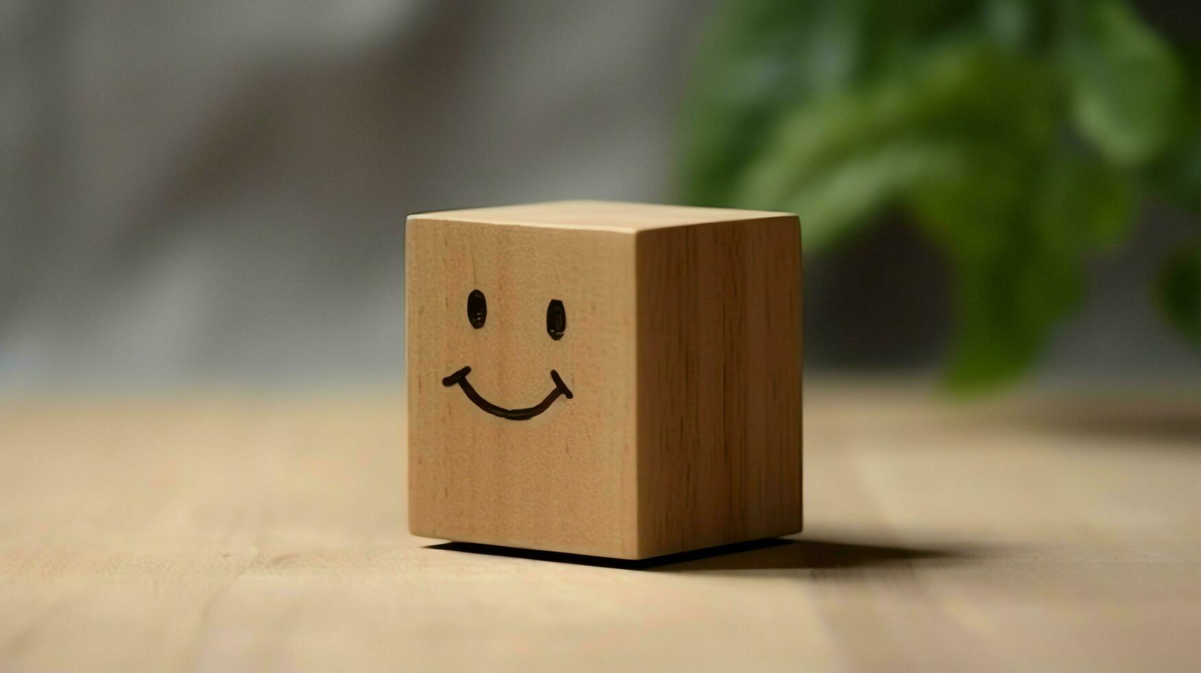 A wooden block label with happy smile relax face good feedback customer. World mental health day concept by AI Generated photo