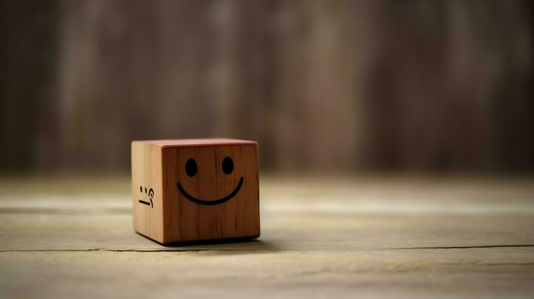 A wooden block label with happy smile relax face good feedback customer. World mental health day concept by AI Generated photo