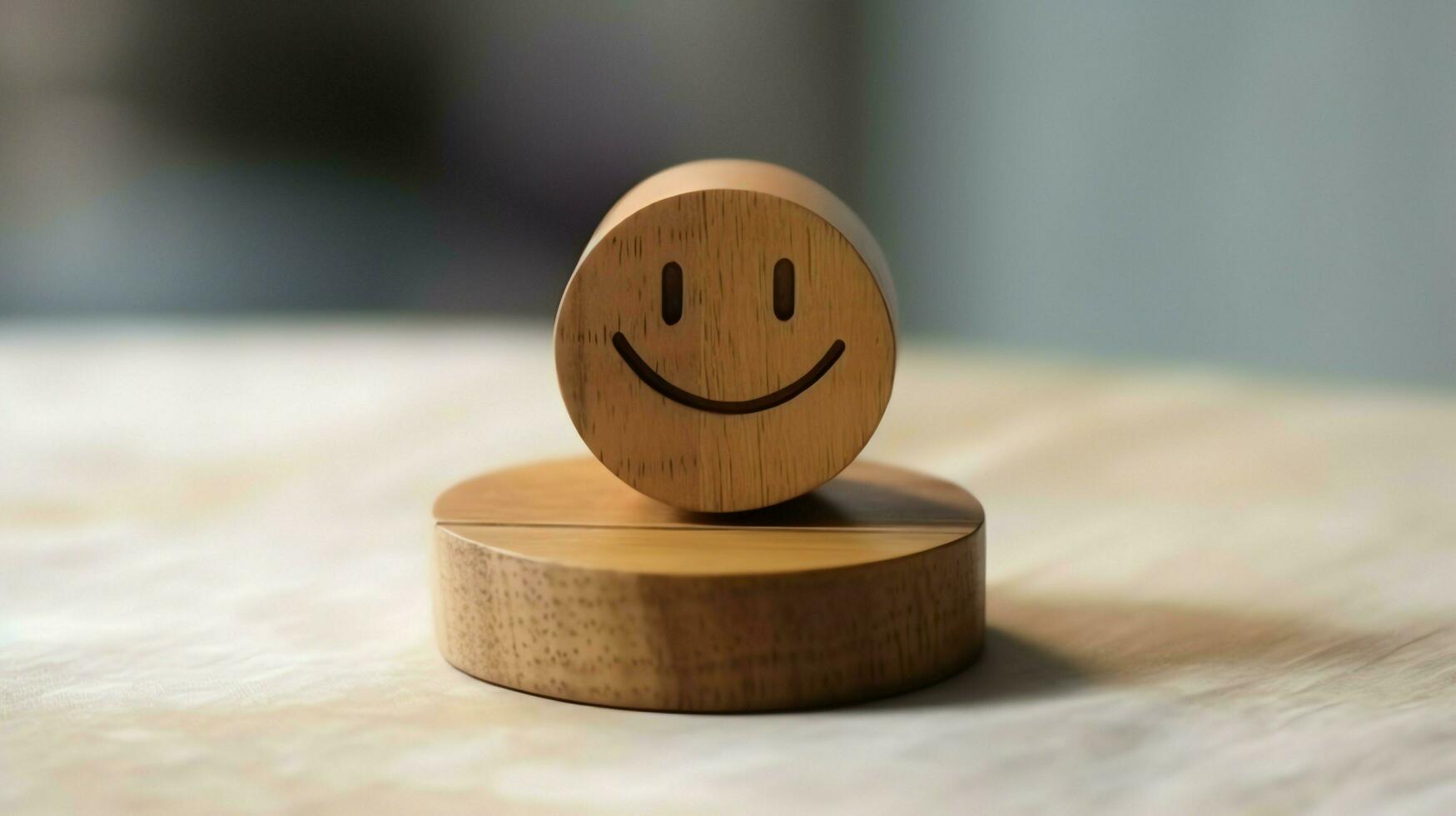 A wooden block label with happy smile relax face good feedback customer. World mental health day concept by AI Generated photo