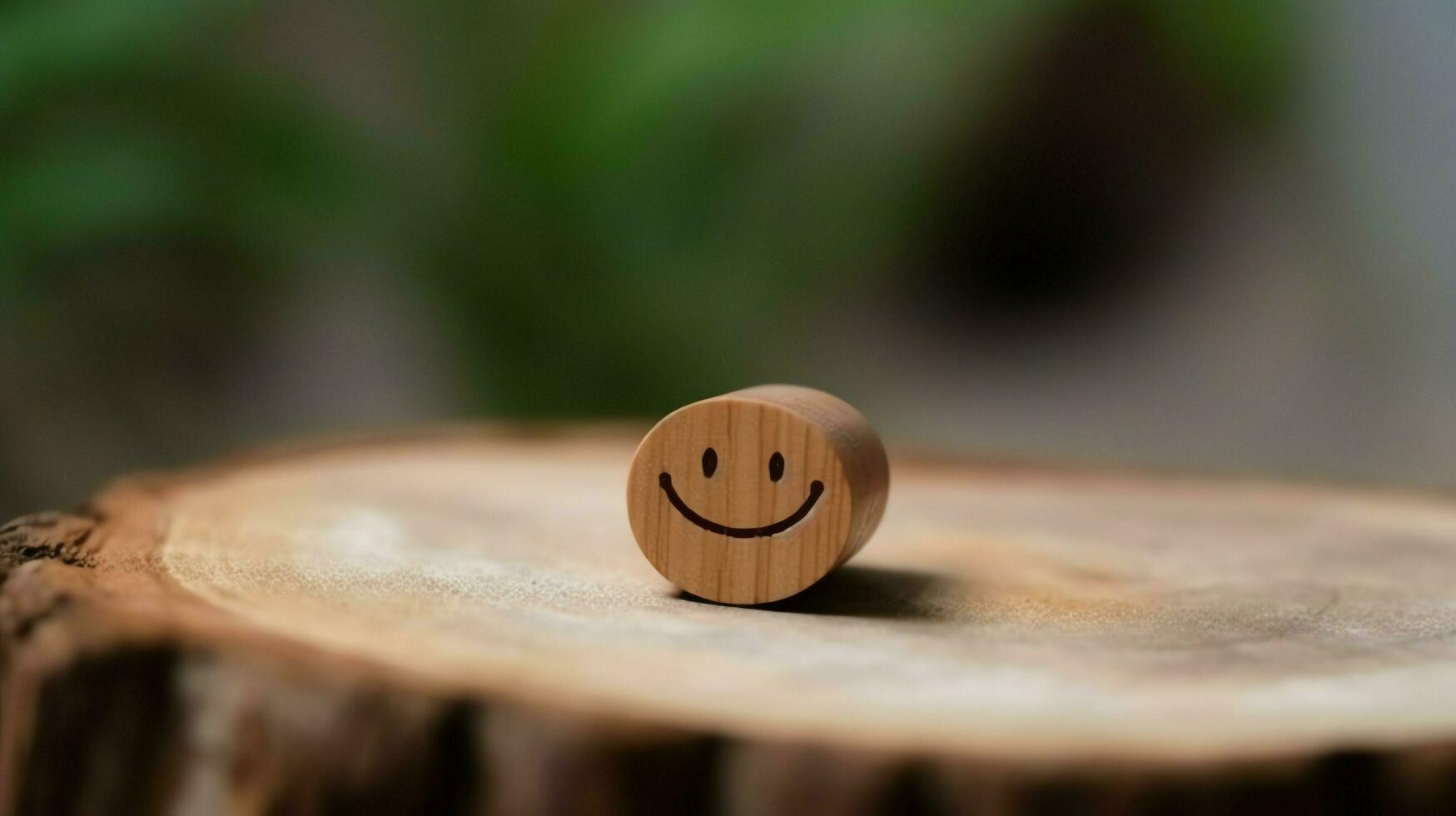 A wooden block label with happy smile relax face good feedback customer. World mental health day concept by AI Generated photo