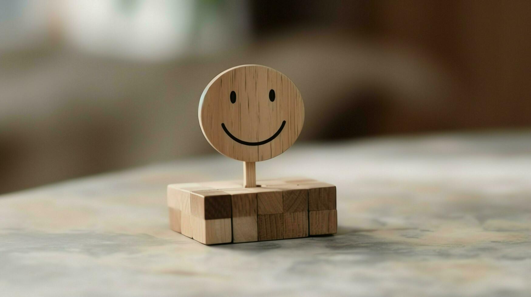 A wooden block label with happy smile relax face good feedback customer. World mental health day concept by AI Generated photo