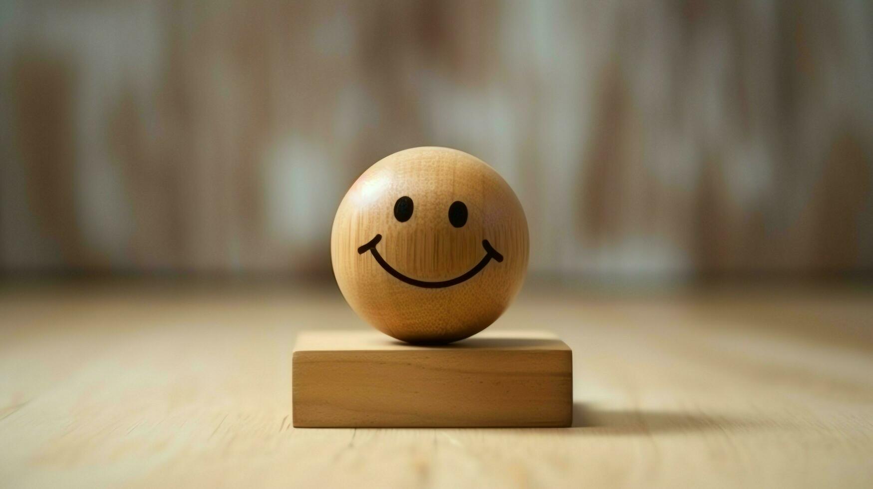 A wooden block label with happy smile relax face good feedback customer. World mental health day concept by AI Generated photo