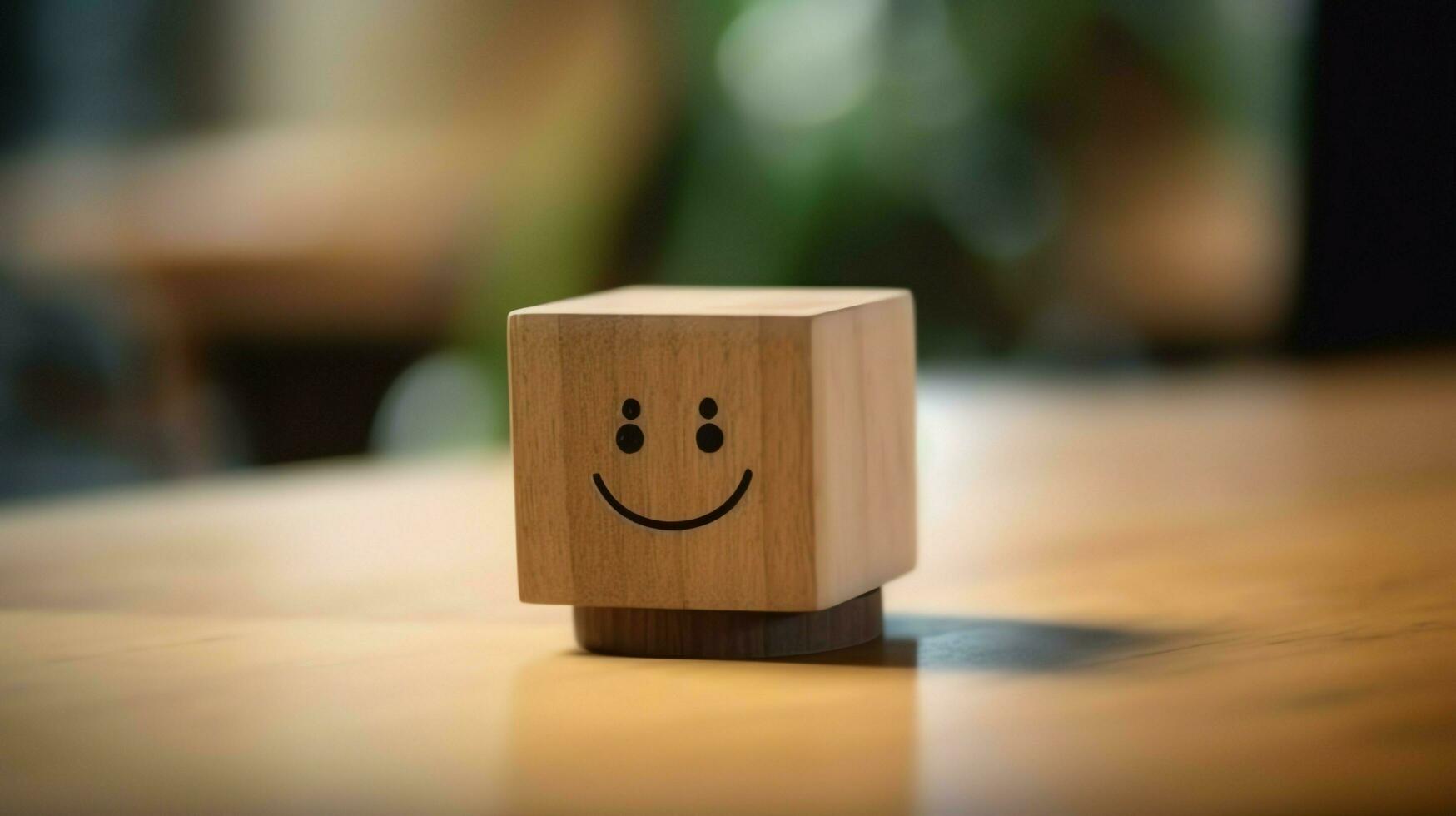 A wooden block label with happy smile relax face good feedback customer. World mental health day concept by AI Generated photo