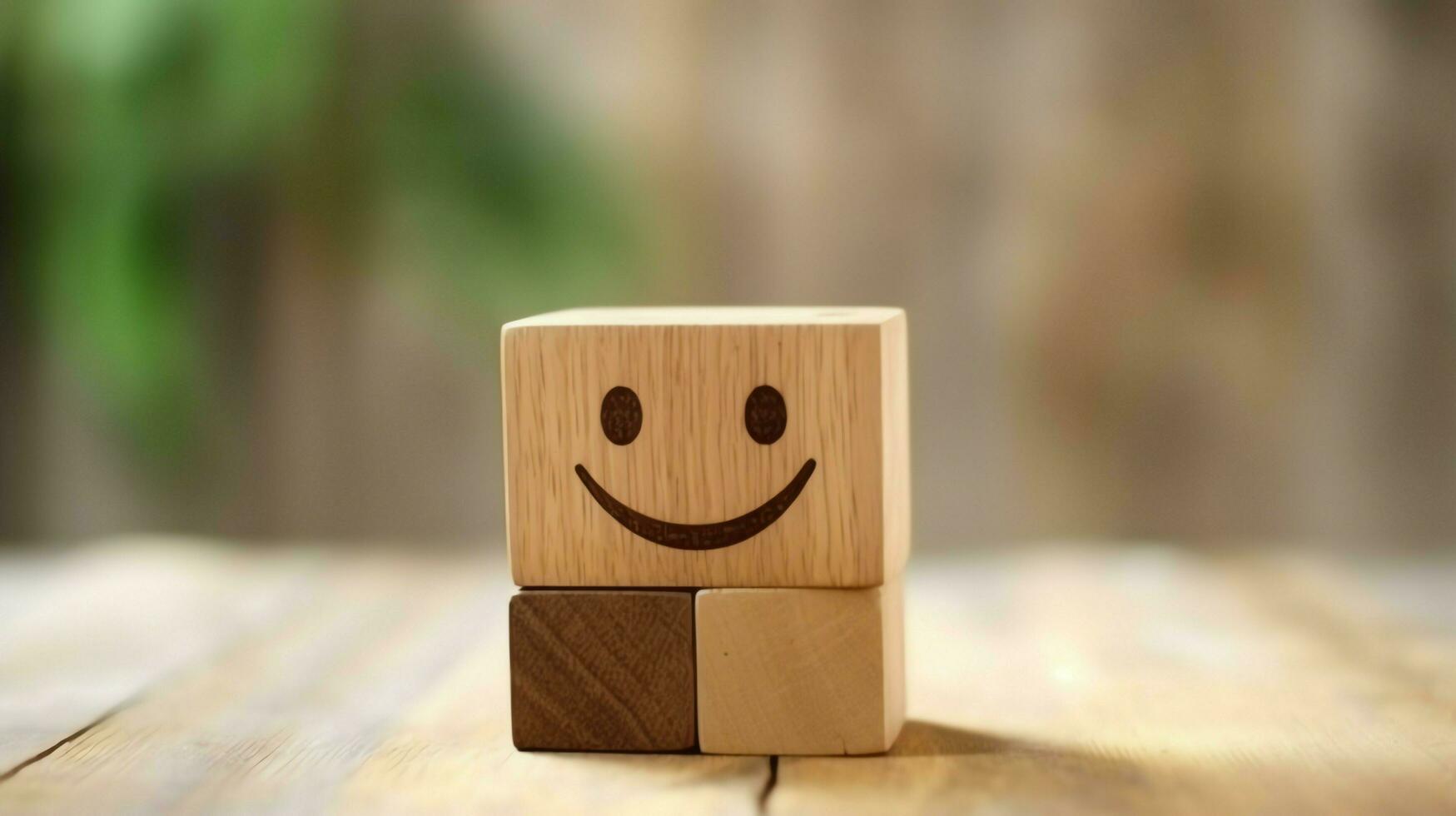 A wooden block label with happy smile relax face good feedback customer. World mental health day concept by AI Generated photo