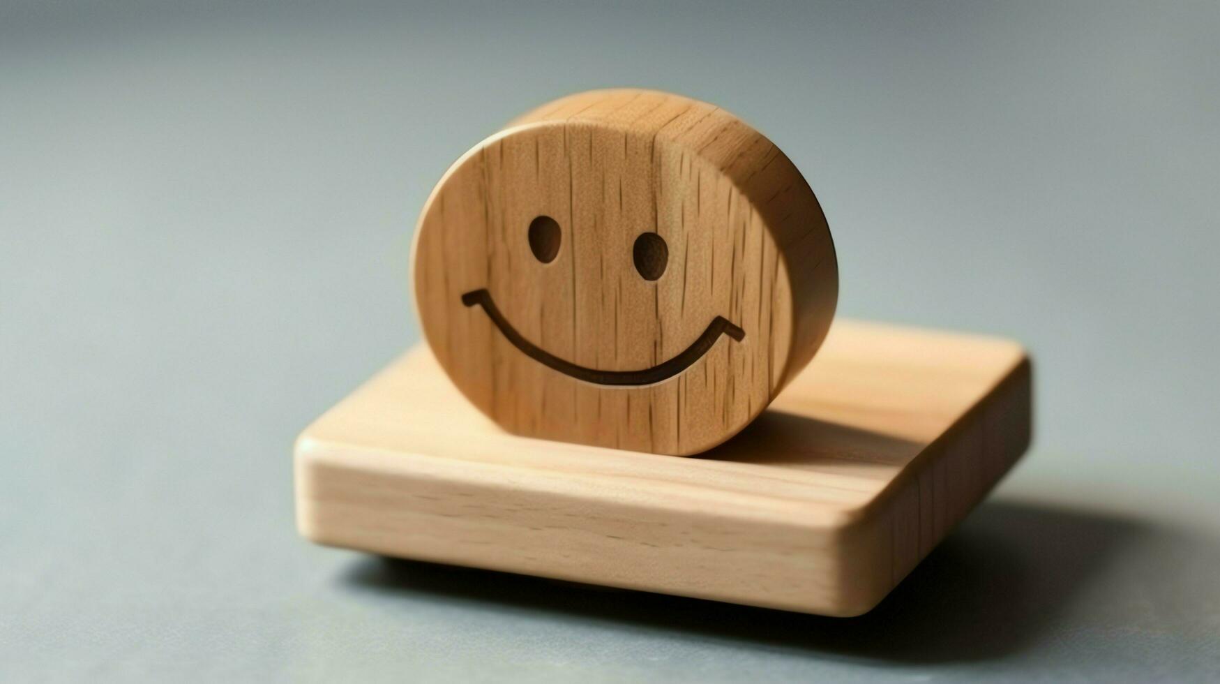 A wooden block label with happy smile relax face good feedback customer. World mental health day concept by AI Generated photo