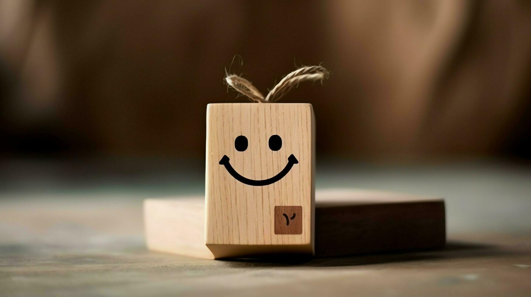 A wooden block label with happy smile relax face good feedback customer. World mental health day concept by AI Generated photo