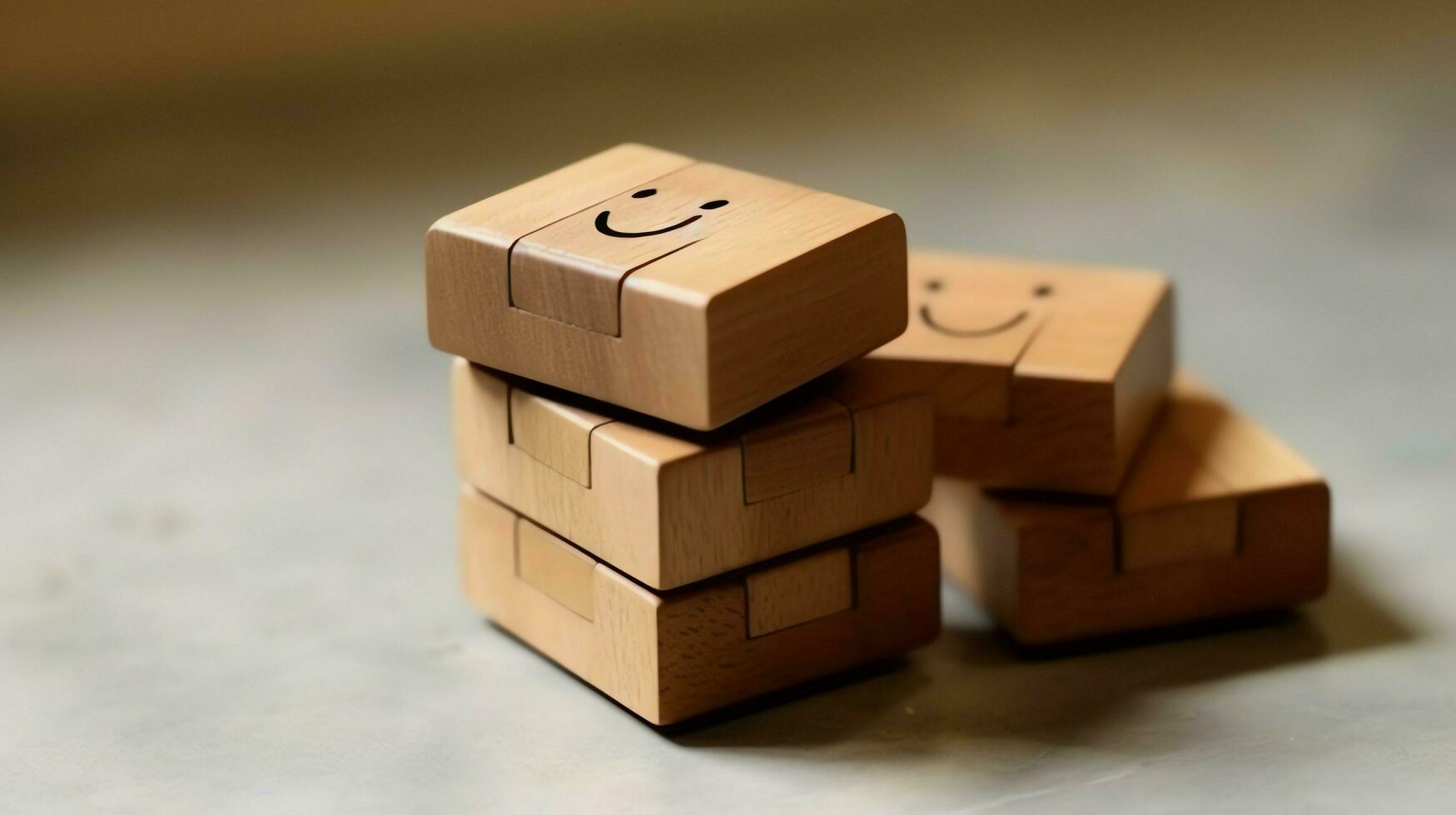 A wooden block label with happy smile relax face good feedback customer. World mental health day concept by AI Generated photo