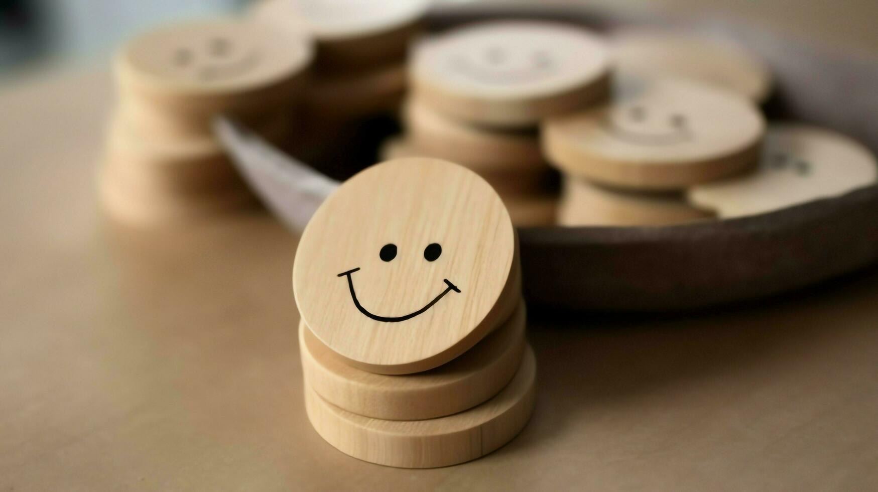 A wooden block label with happy smile relax face good feedback customer. World mental health day concept by AI Generated photo