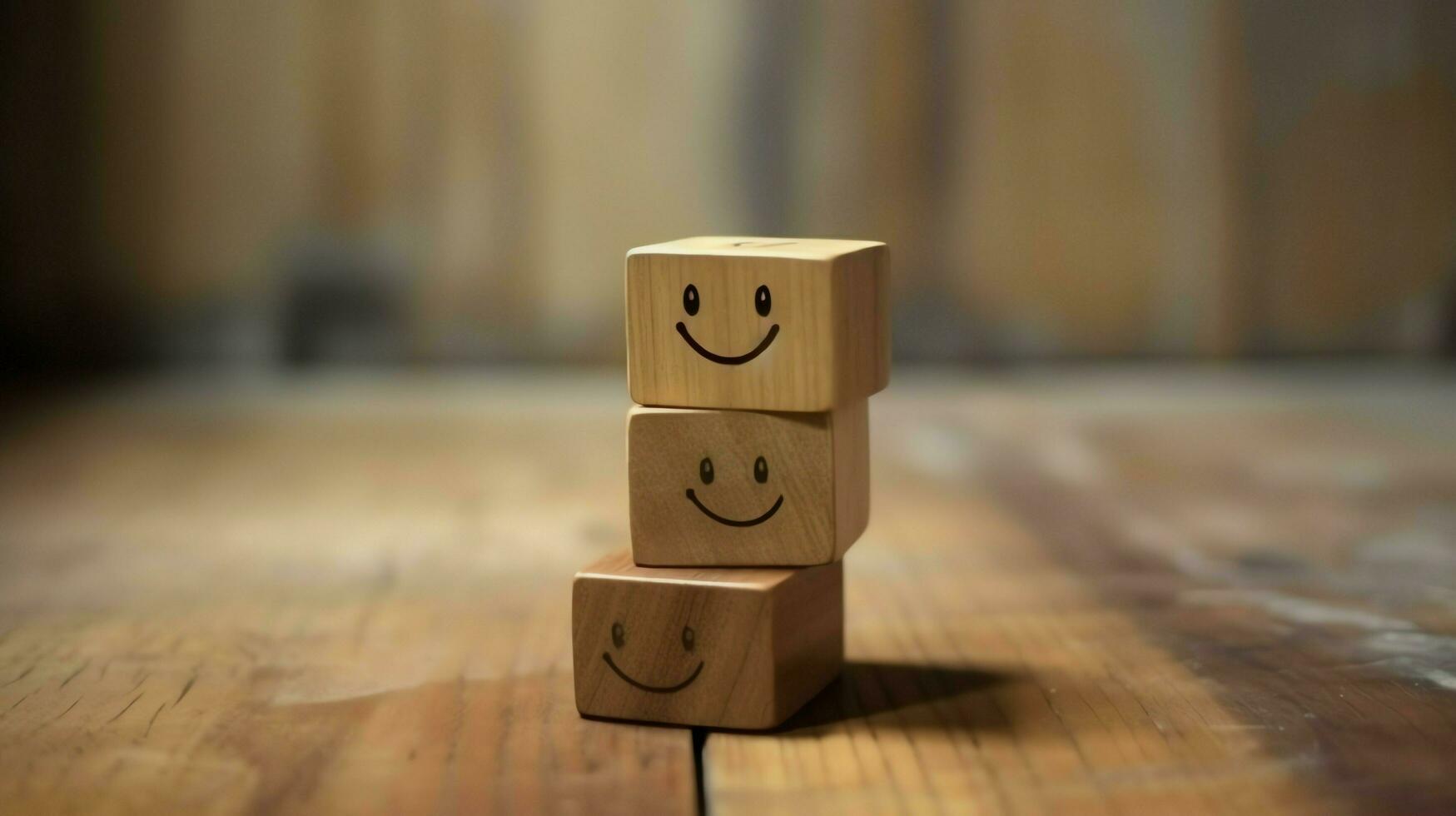 A wooden block label with happy smile relax face good feedback customer. World mental health day concept by AI Generated photo