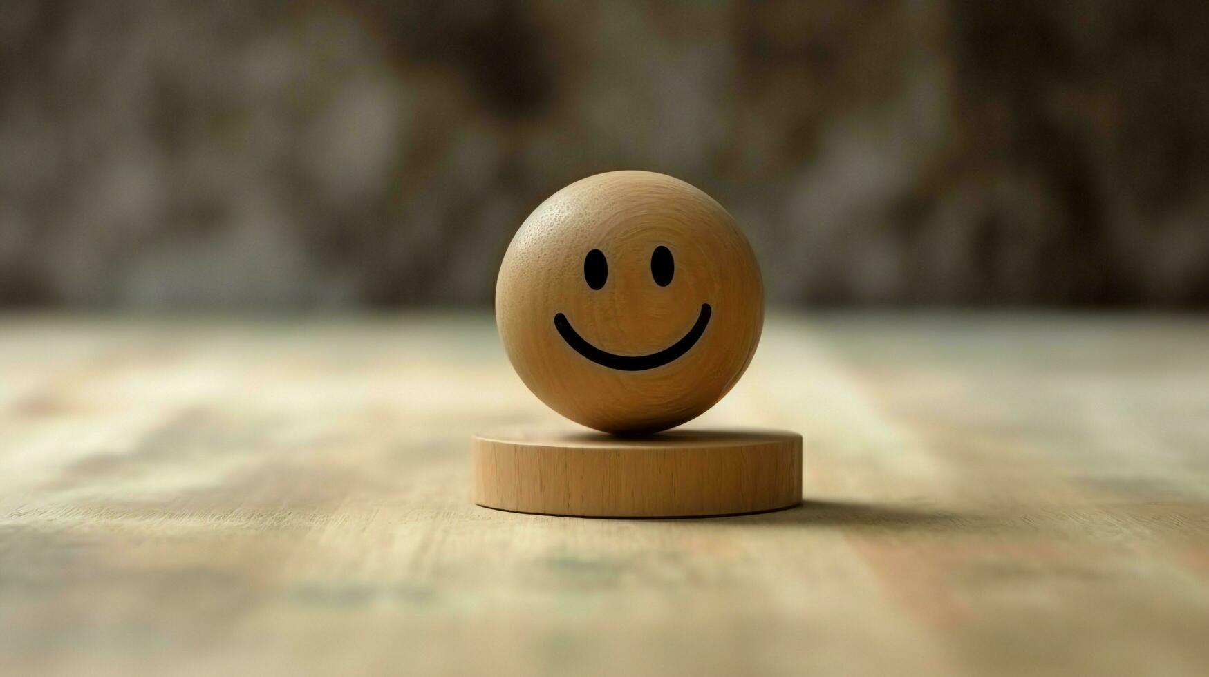 A wooden block label with happy smile relax face good feedback customer. World mental health day concept by AI Generated photo