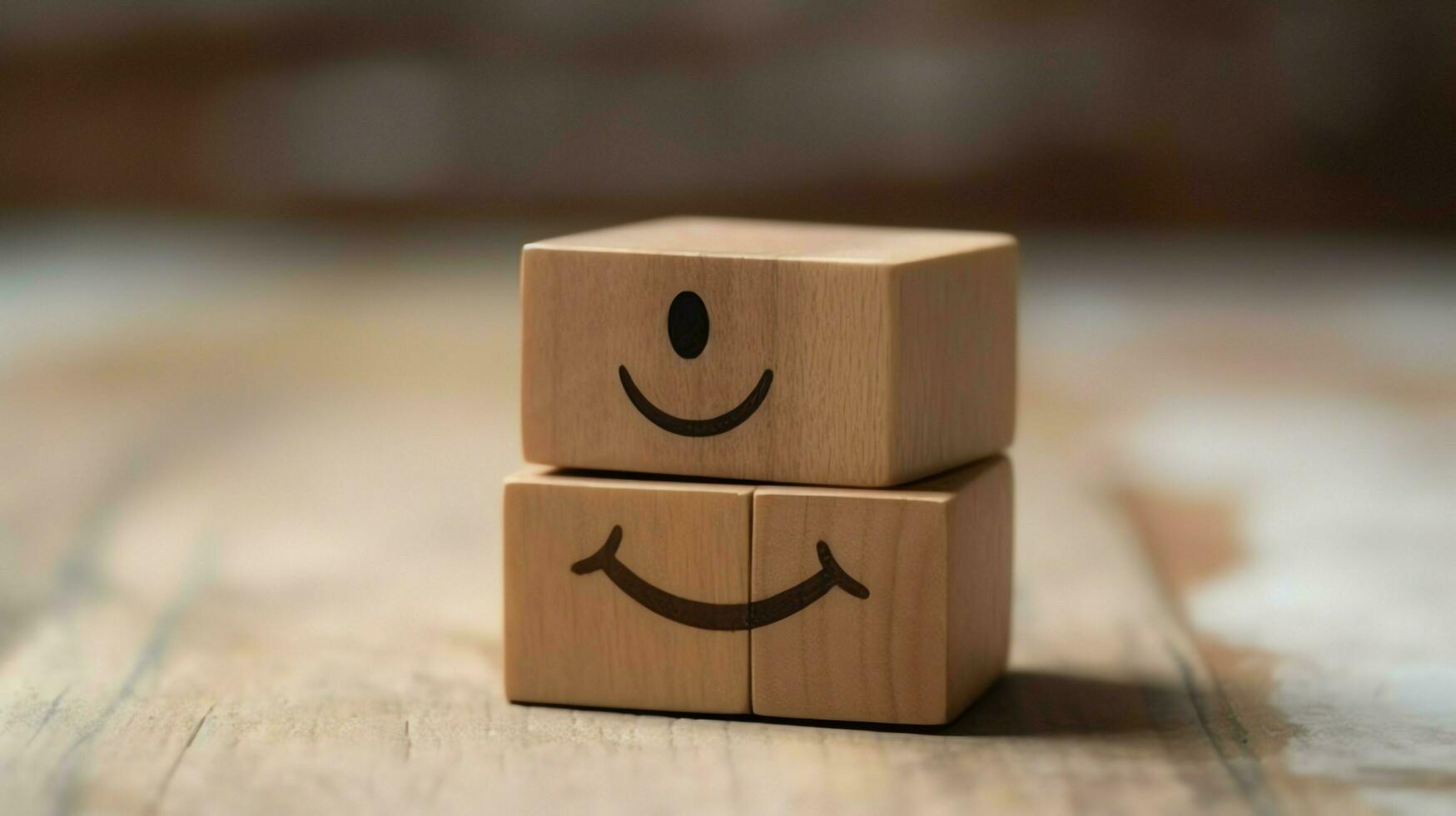 A wooden block label with happy smile relax face good feedback customer. World mental health day concept by AI Generated photo