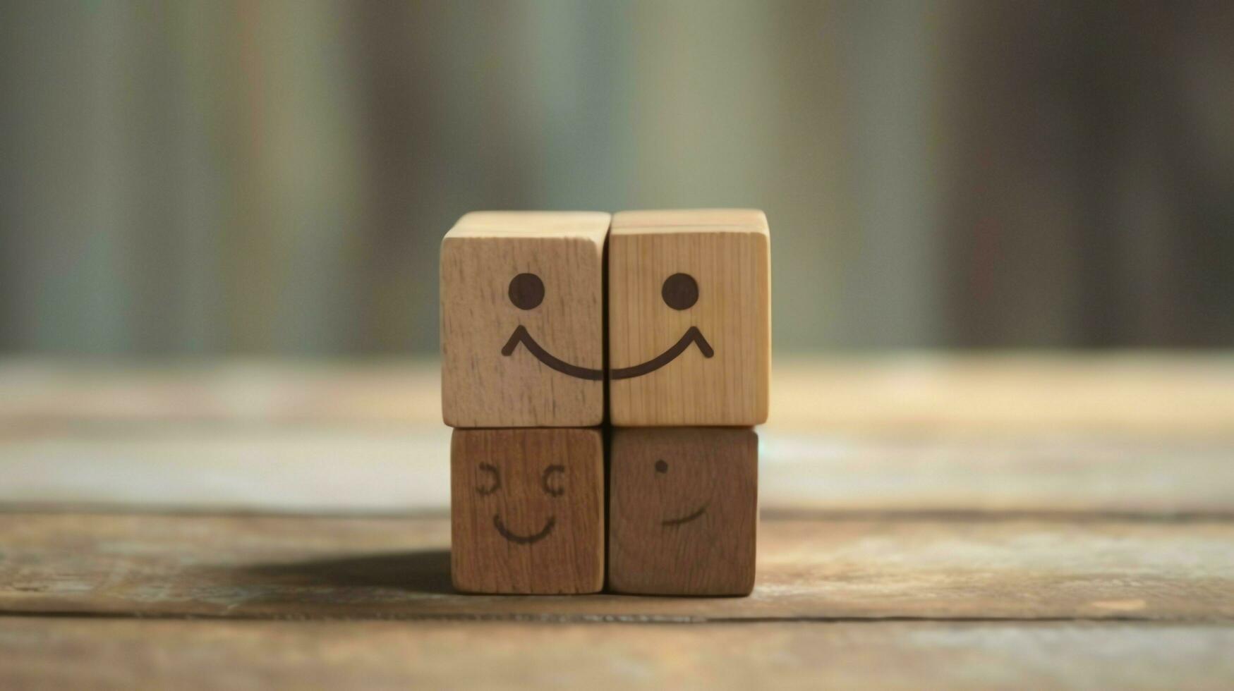 A wooden block label with happy smile relax face good feedback customer. World mental health day concept by AI Generated photo