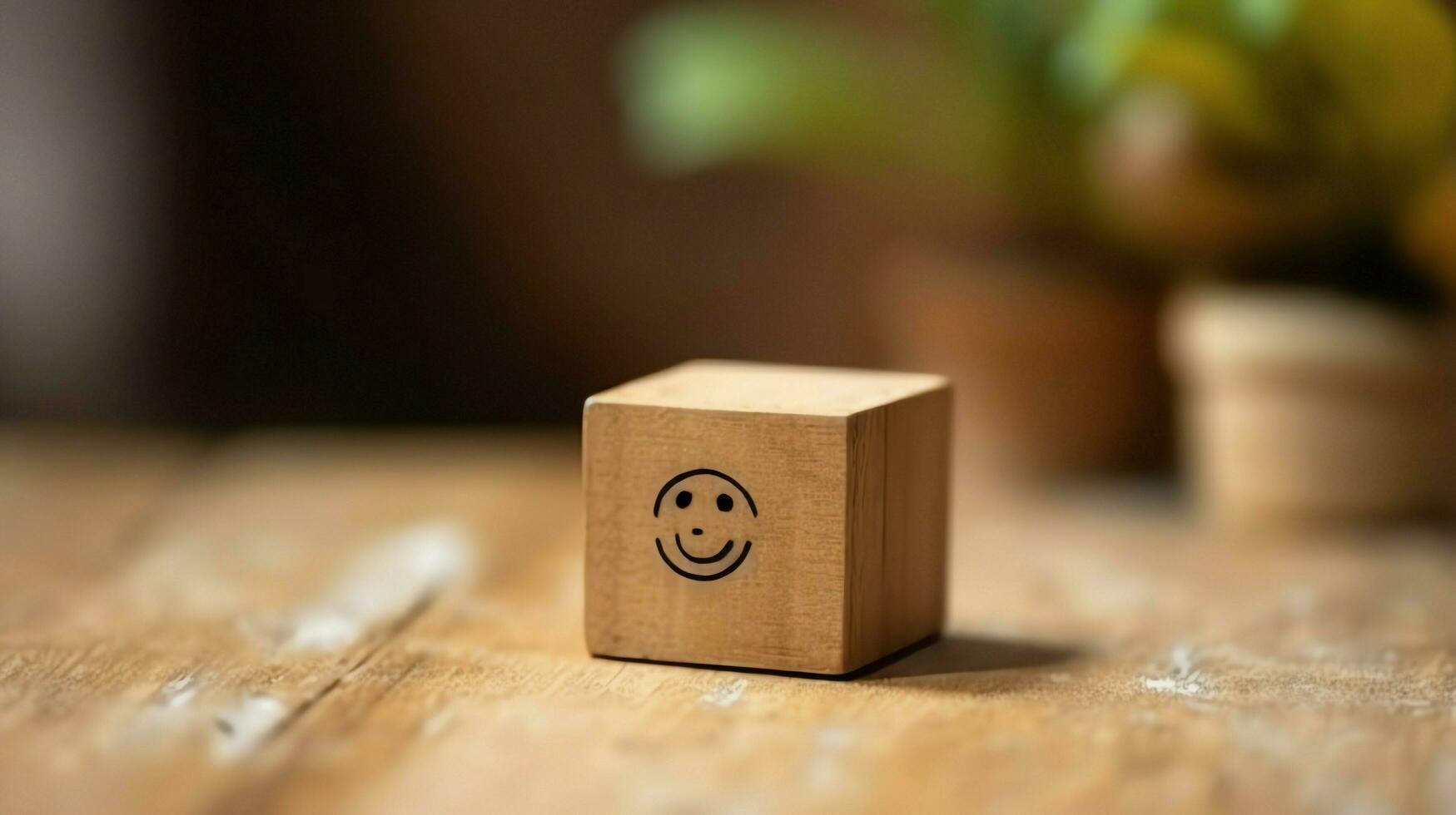 A wooden block label with happy smile relax face good feedback customer. World mental health day concept by AI Generated photo