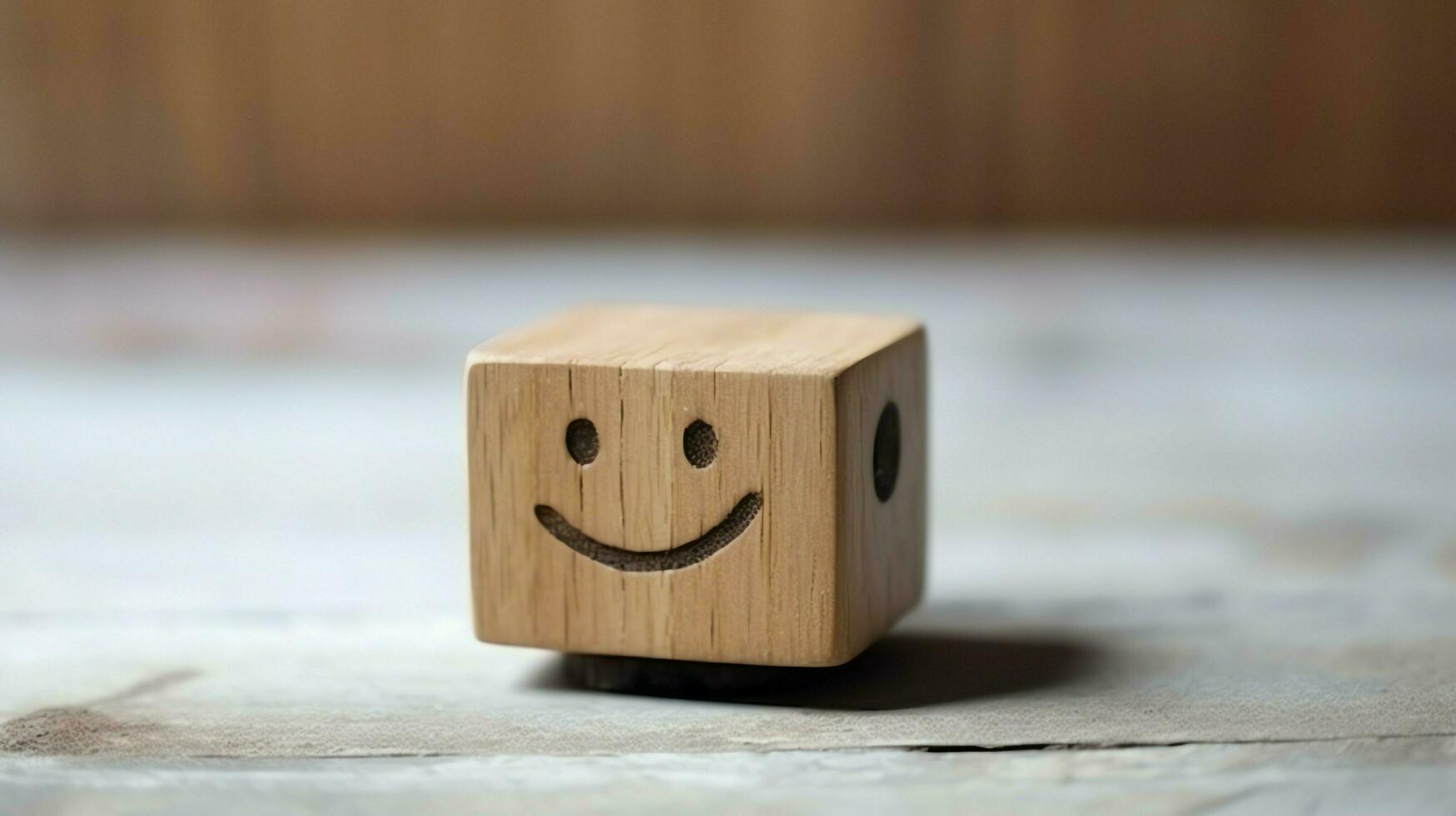 un de madera bloquear etiqueta con contento sonrisa relajarse cara bueno realimentación cliente. mundo mental salud día concepto por ai generado foto