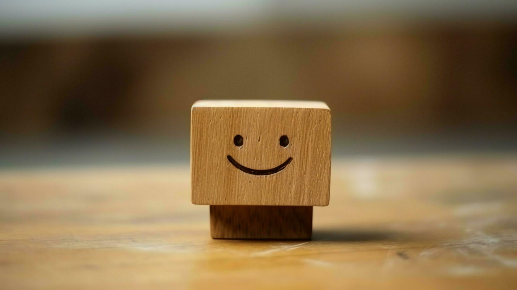 A wooden block label with happy smile relax face good feedback customer. World mental health day concept by AI Generated photo