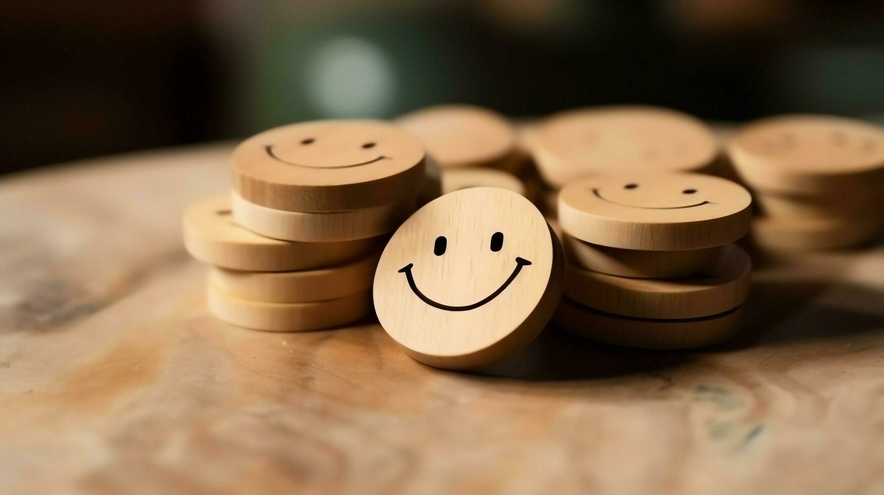 A wooden block label with happy smile relax face good feedback customer. World mental health day concept by AI Generated photo