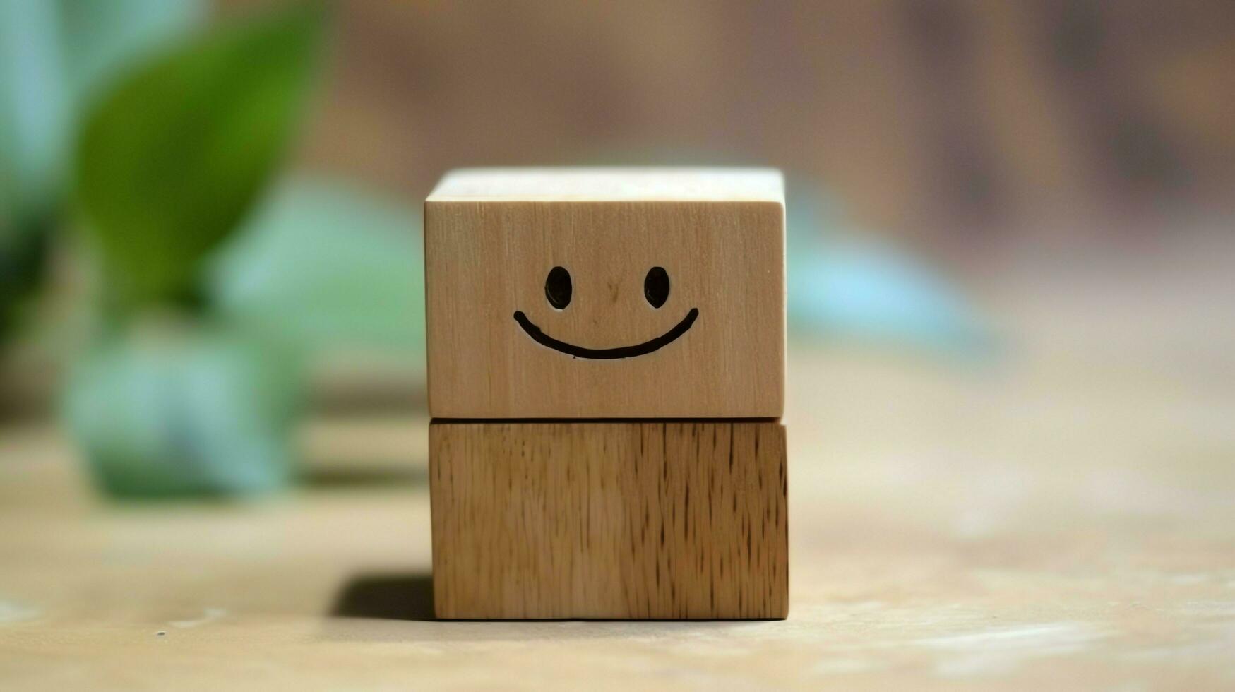 A wooden block label with happy smile relax face good feedback customer. World mental health day concept by AI Generated photo