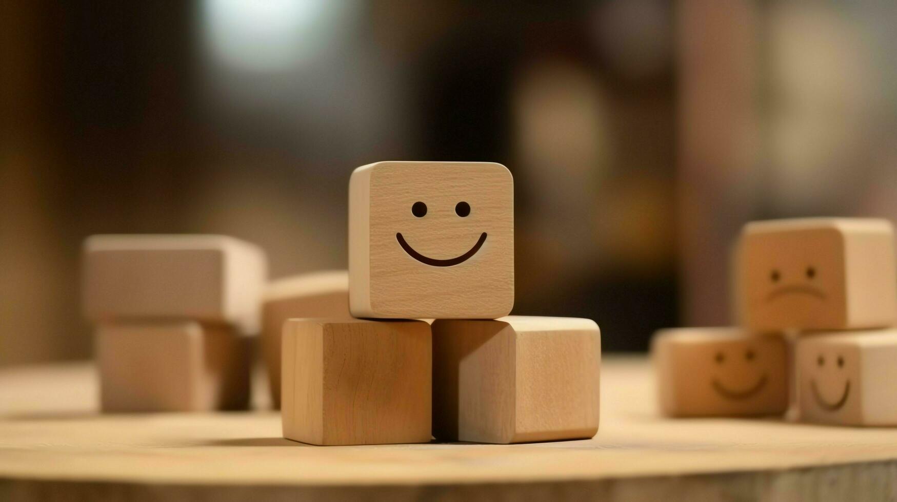 A wooden block label with happy smile relax face good feedback customer. World mental health day concept by AI Generated photo