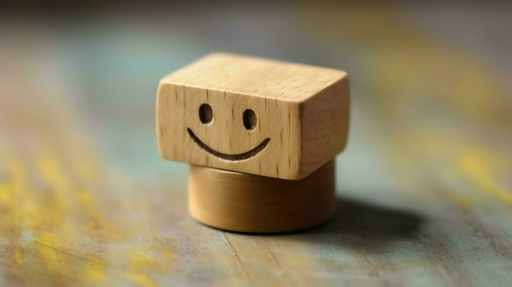 A wooden block label with happy smile relax face good feedback customer. World mental health day concept by AI Generated photo