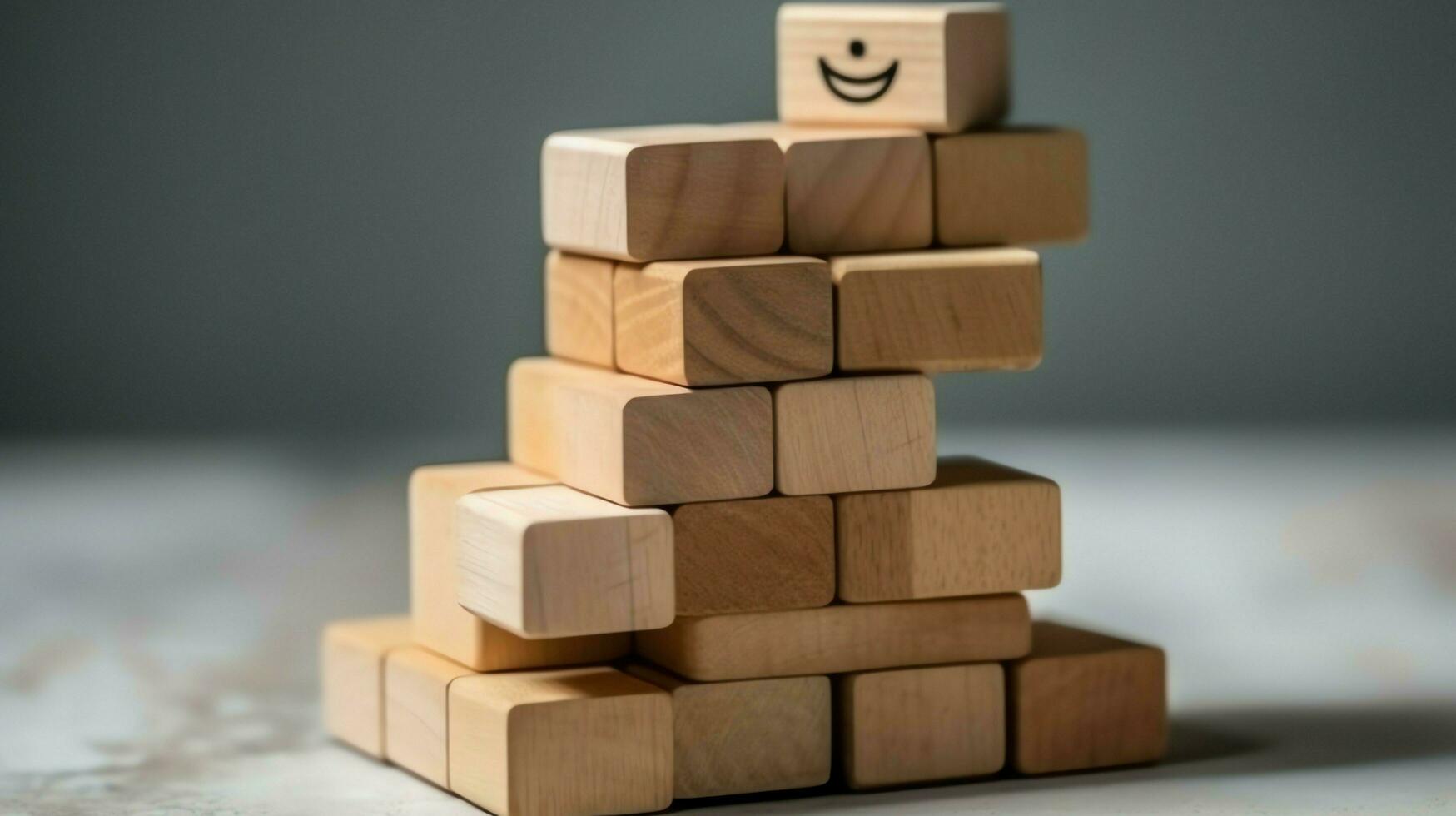 A wooden block label with happy smile relax face good feedback customer. World mental health day concept by AI Generated photo