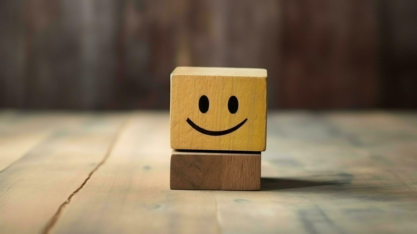 A wooden block label with happy smile relax face good feedback customer. World mental health day concept by AI Generated photo