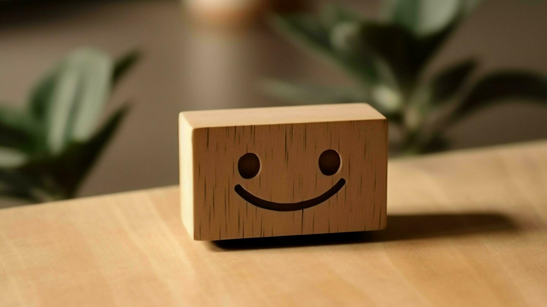 A wooden block label with happy smile relax face good feedback customer. World mental health day concept by AI Generated photo