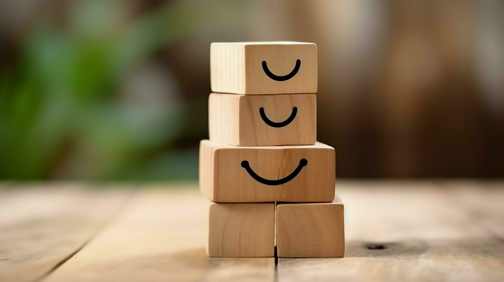 A wooden block label with happy smile relax face good feedback customer. World mental health day concept by AI Generated photo