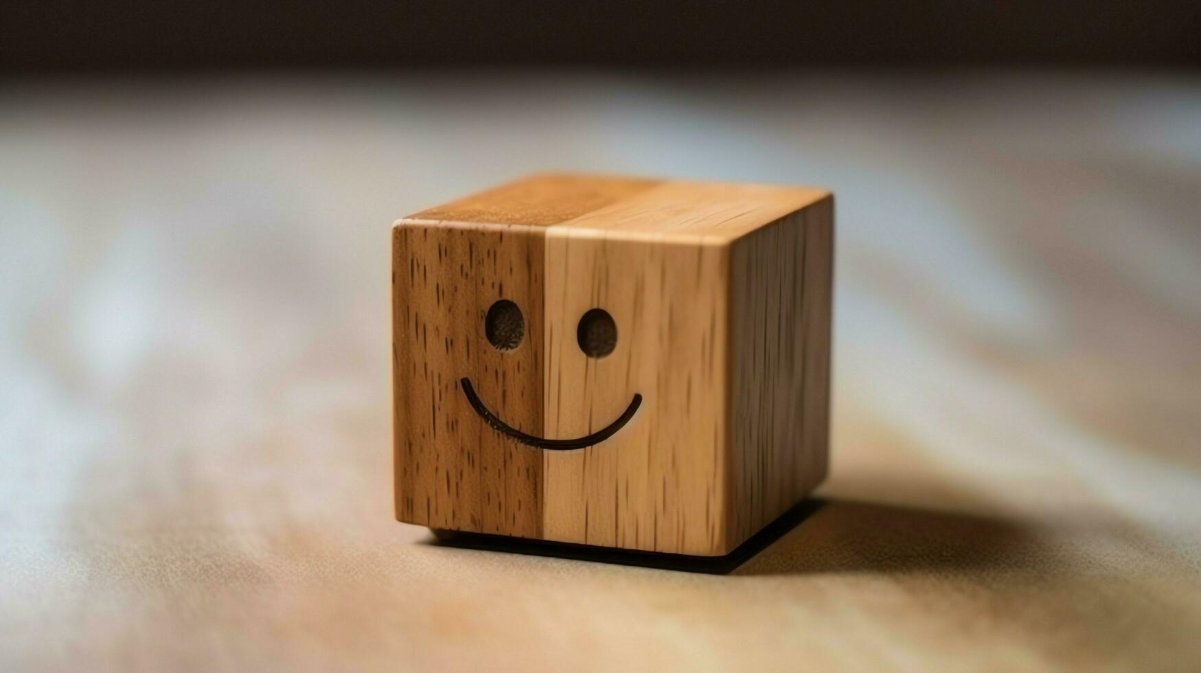 un de madera bloquear etiqueta con contento sonrisa relajarse cara bueno realimentación cliente. mundo mental salud día concepto por ai generado foto