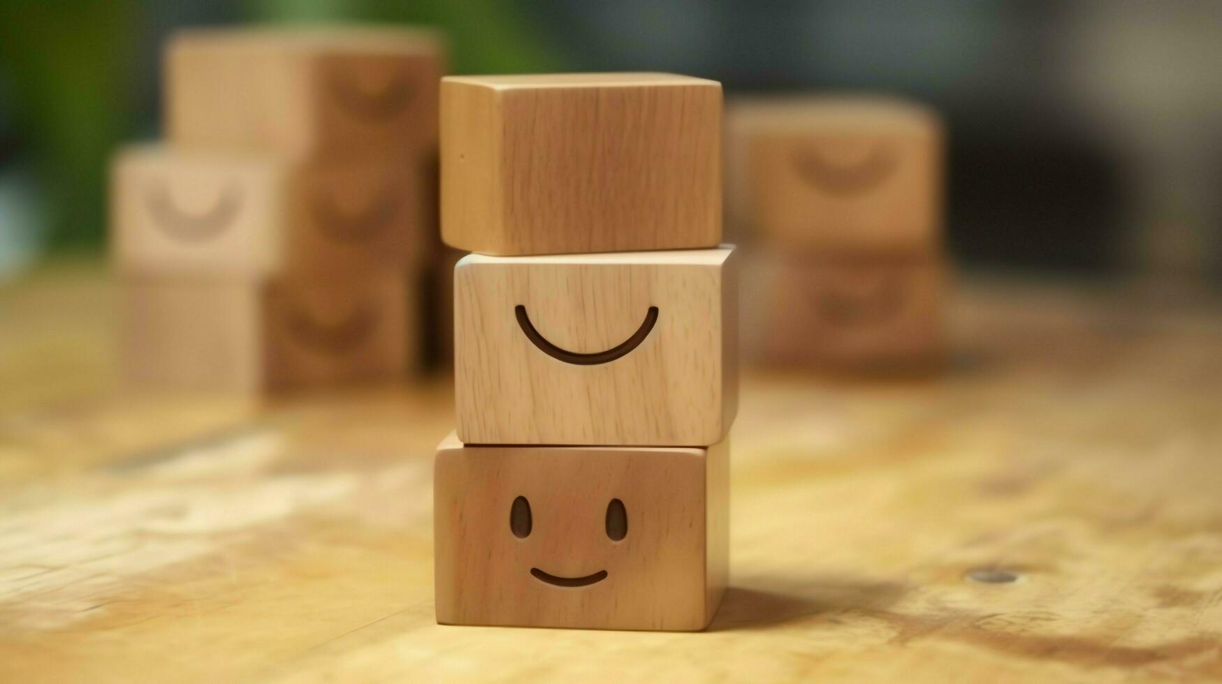 A wooden block label with happy smile relax face good feedback customer. World mental health day concept by AI Generated photo