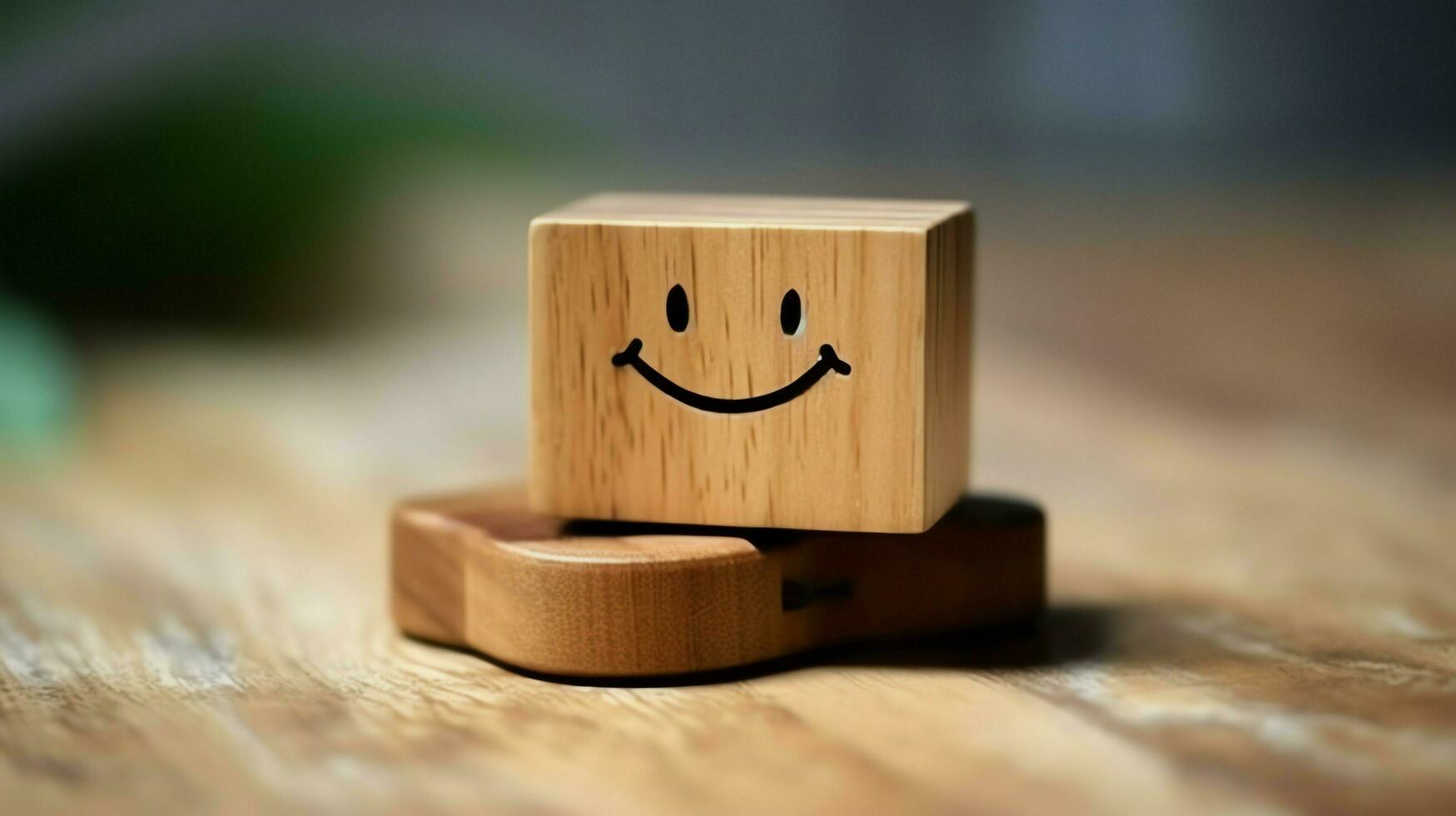 A wooden block label with happy smile relax face good feedback customer. World mental health day concept by AI Generated photo