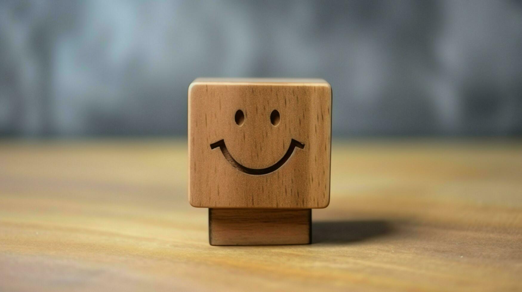 A wooden block label with happy smile relax face good feedback customer. World mental health day concept by AI Generated photo