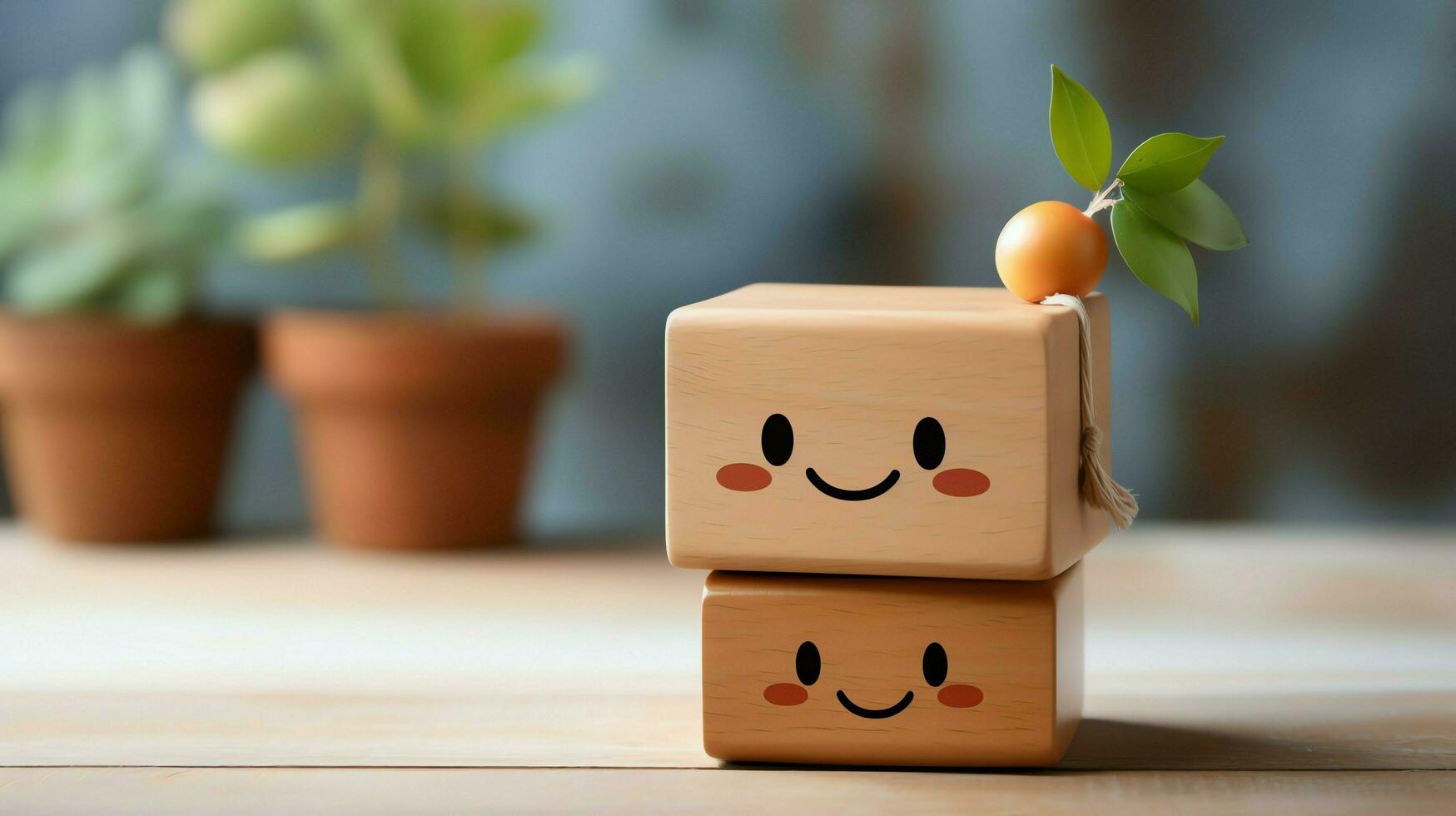 A wooden block label with happy smile relax face good feedback customer. World mental health day concept by AI Generated photo