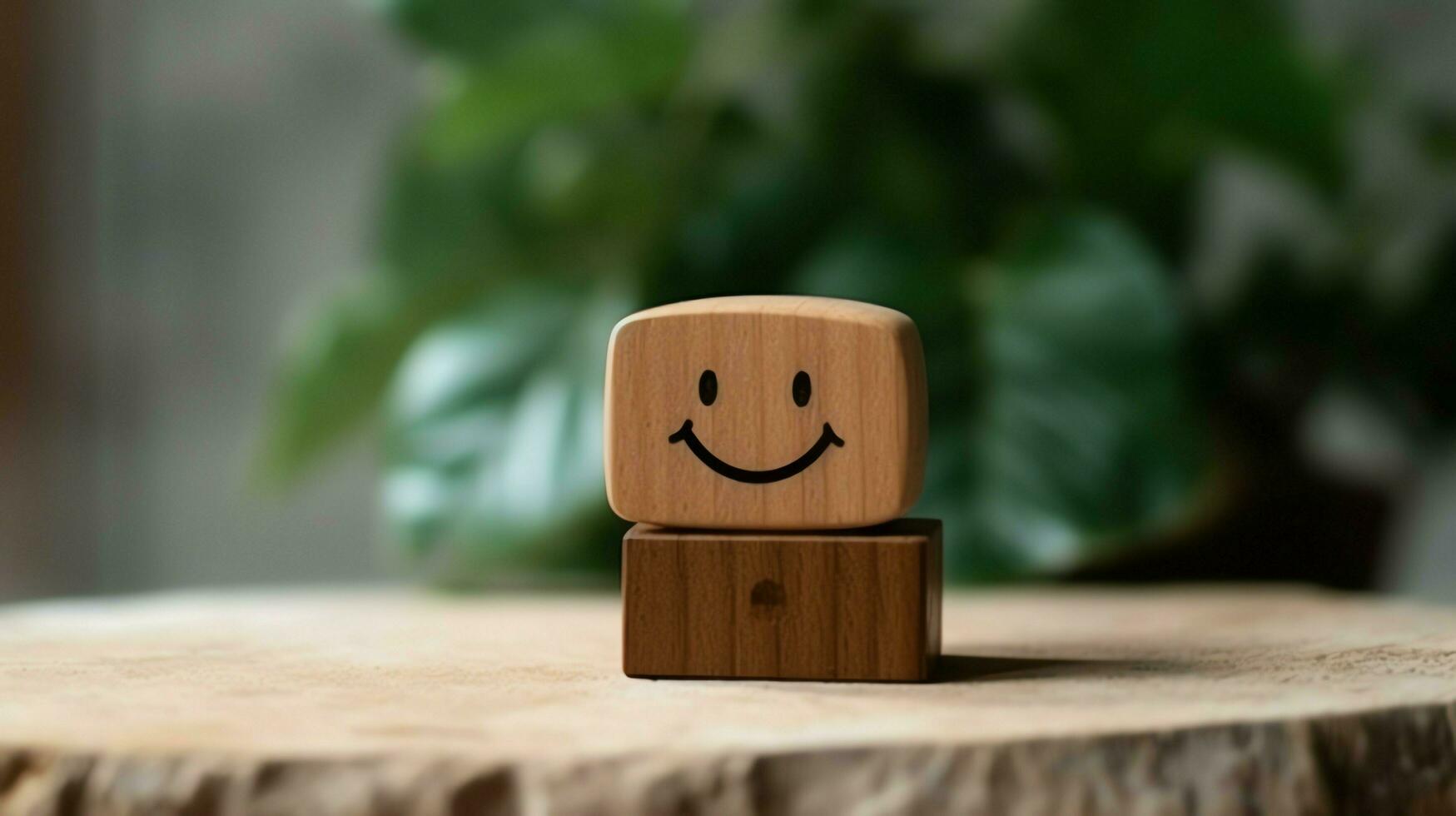 A wooden block label with happy smile relax face good feedback customer. World mental health day concept by AI Generated photo