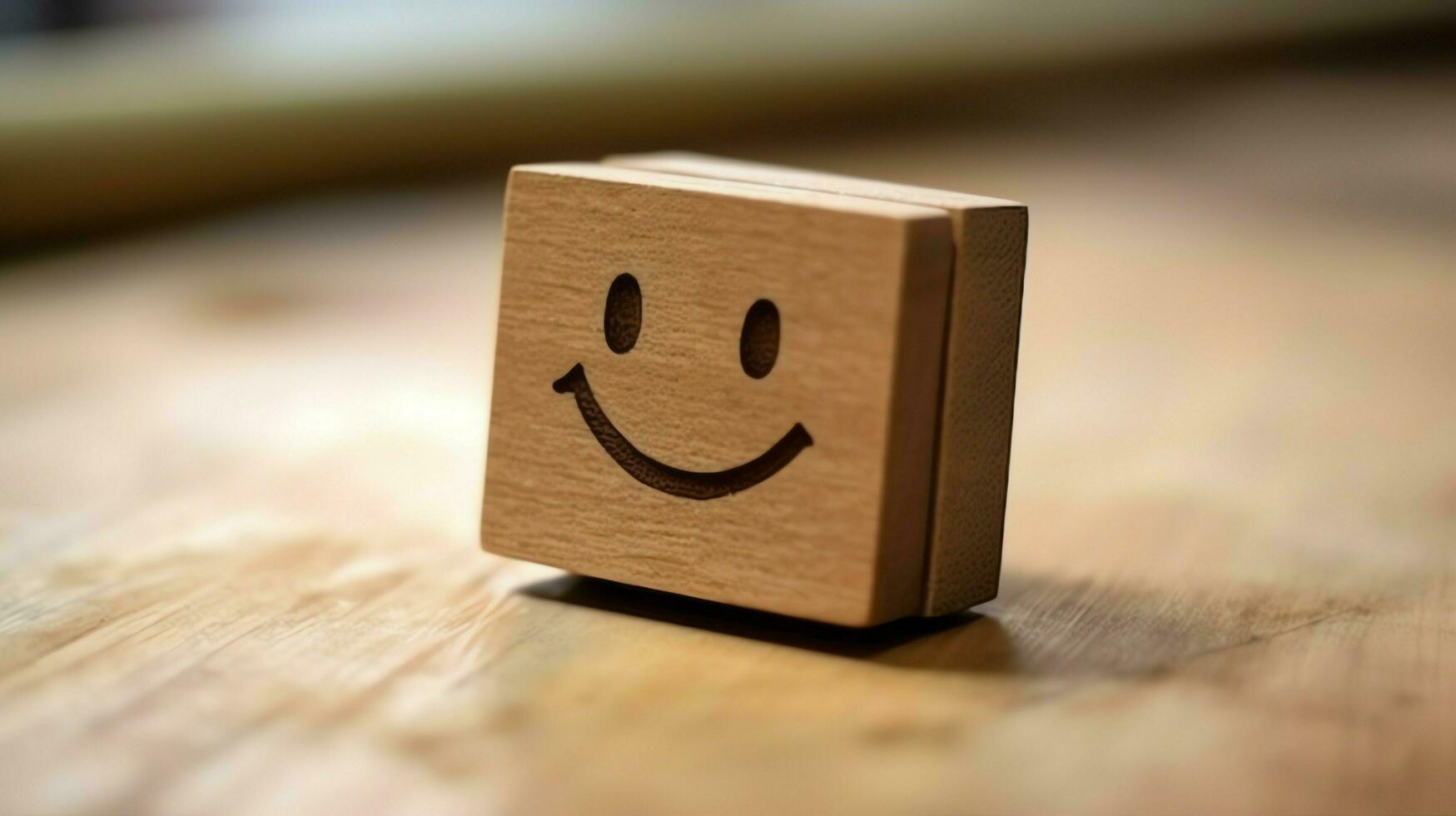 A wooden block label with happy smile relax face good feedback customer. World mental health day concept by AI Generated photo